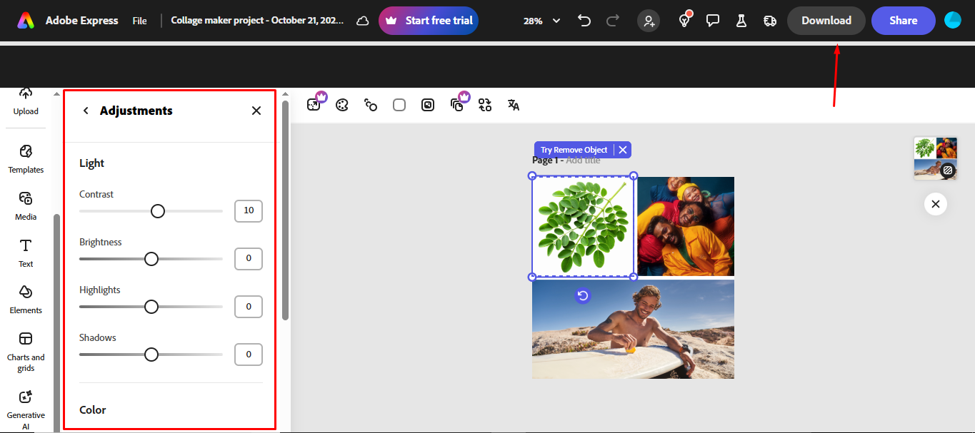 Customizing each photo in the collage in Adobe Express