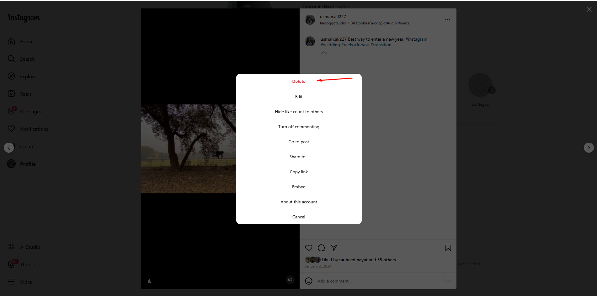 Showing how to remove reels on Instagram on a PC