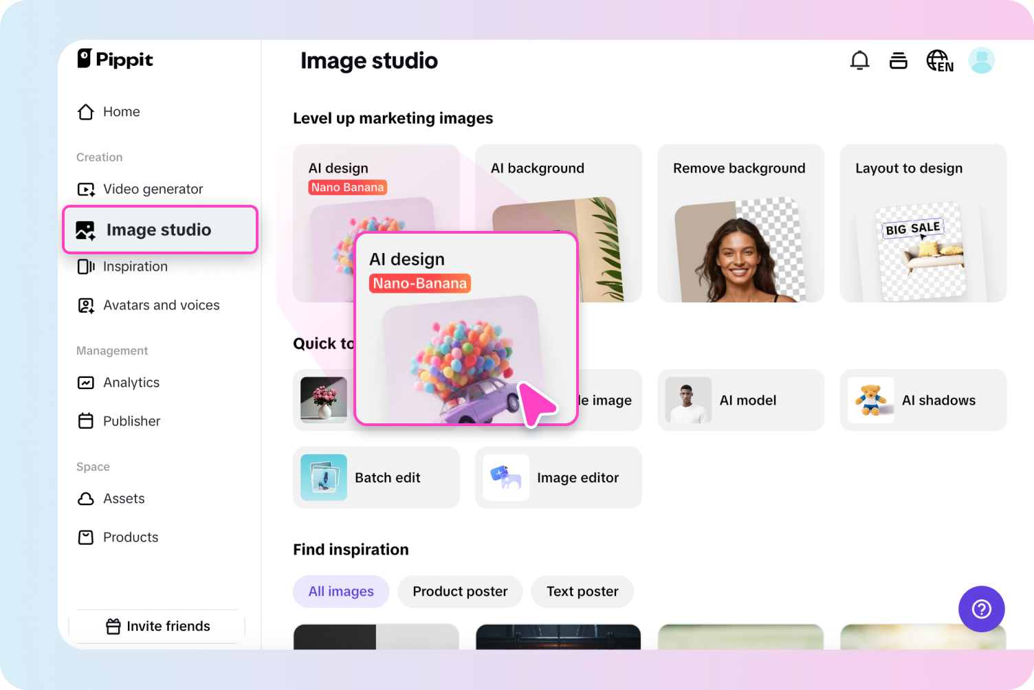 เปิดเครื่องมือออกแบบ AI ใน Pippit