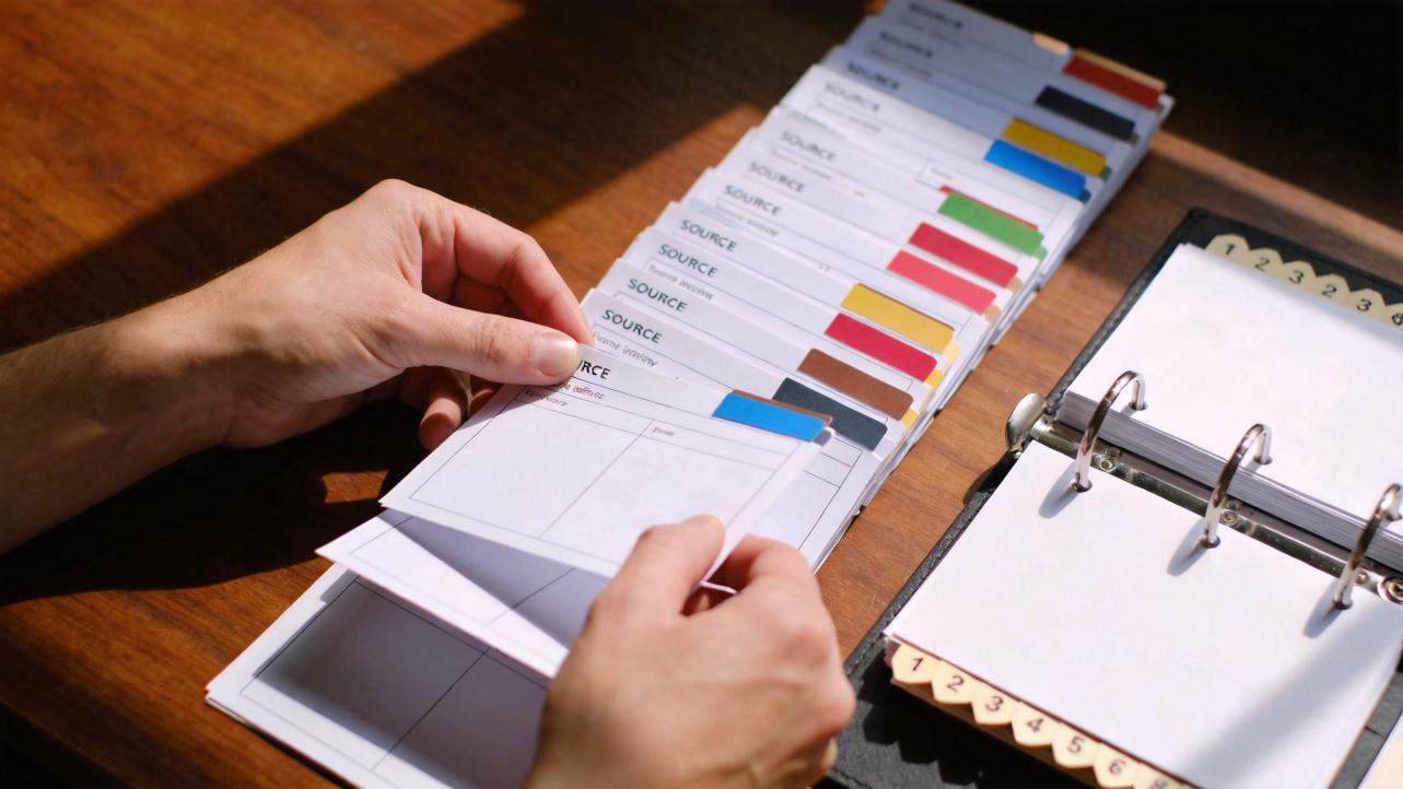Hands sorting labeled tabbed cards in a file organizer on a wooden desk