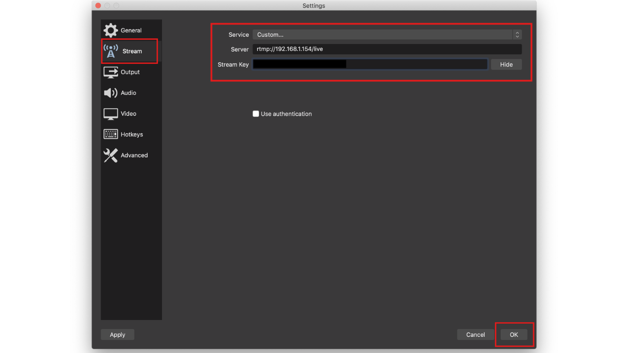 Configurar a chave de transmissão no OBS