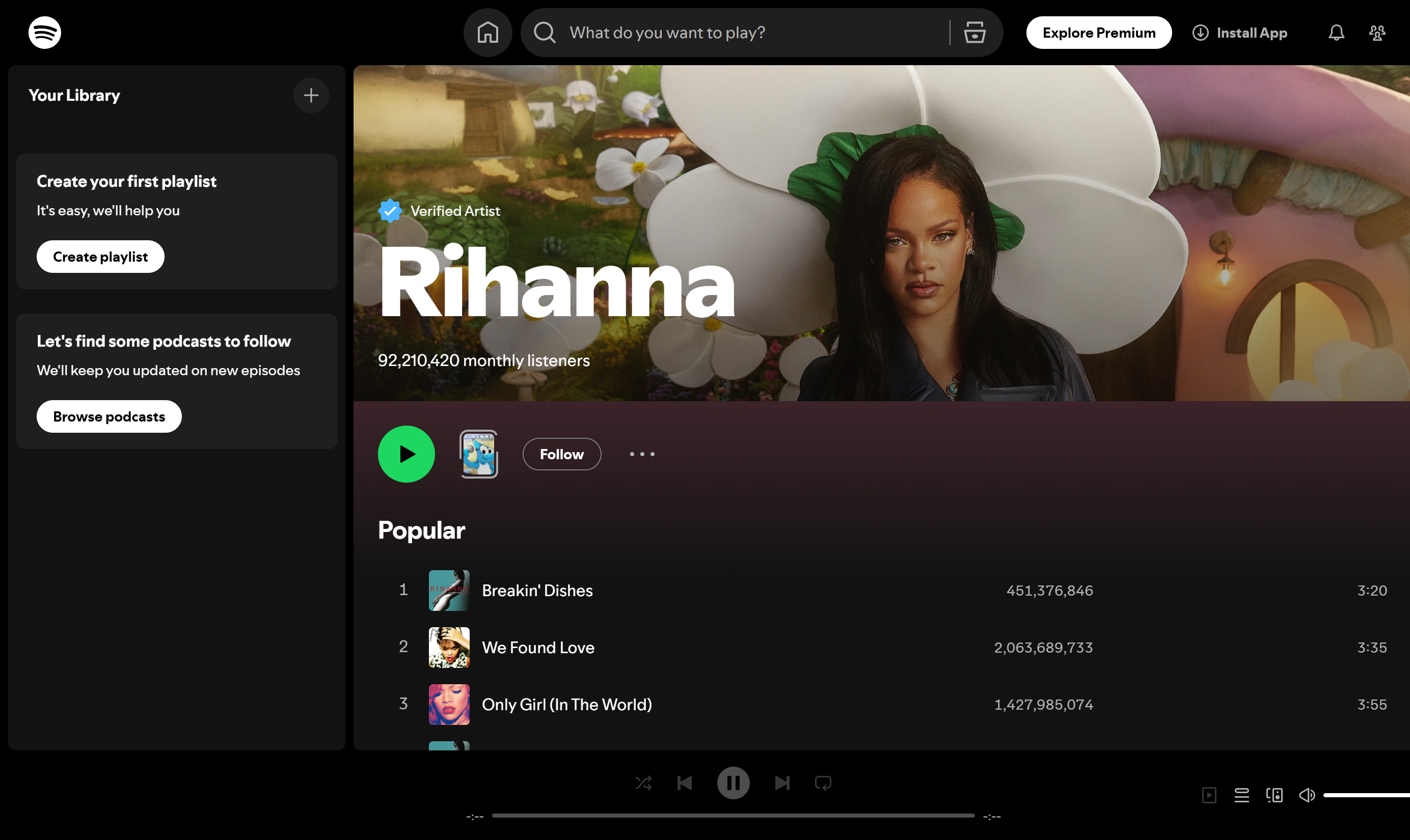 Rihanna - mest lyssnade på Spotify-artist, känd för mångsidig musik.