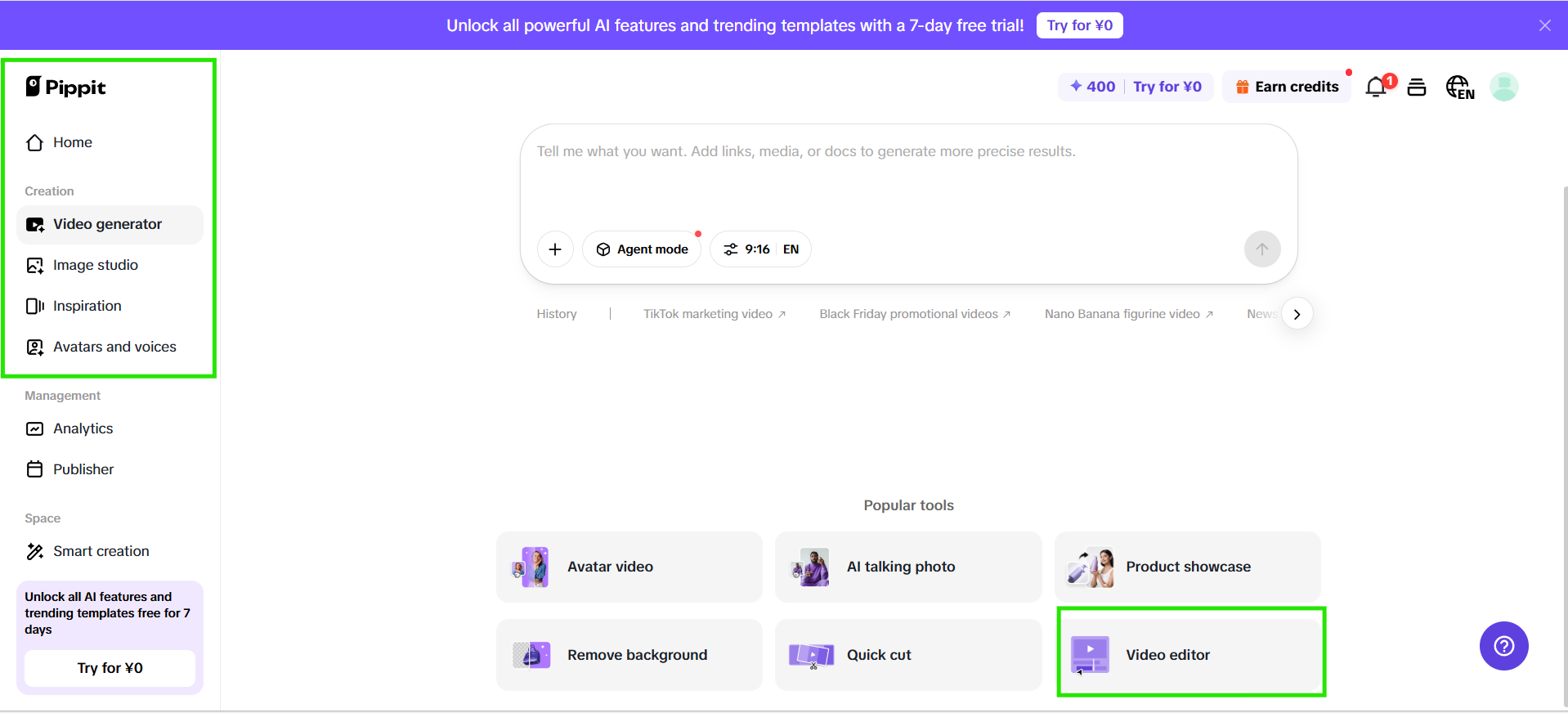 Abra o editor de vídeo Pippit AI