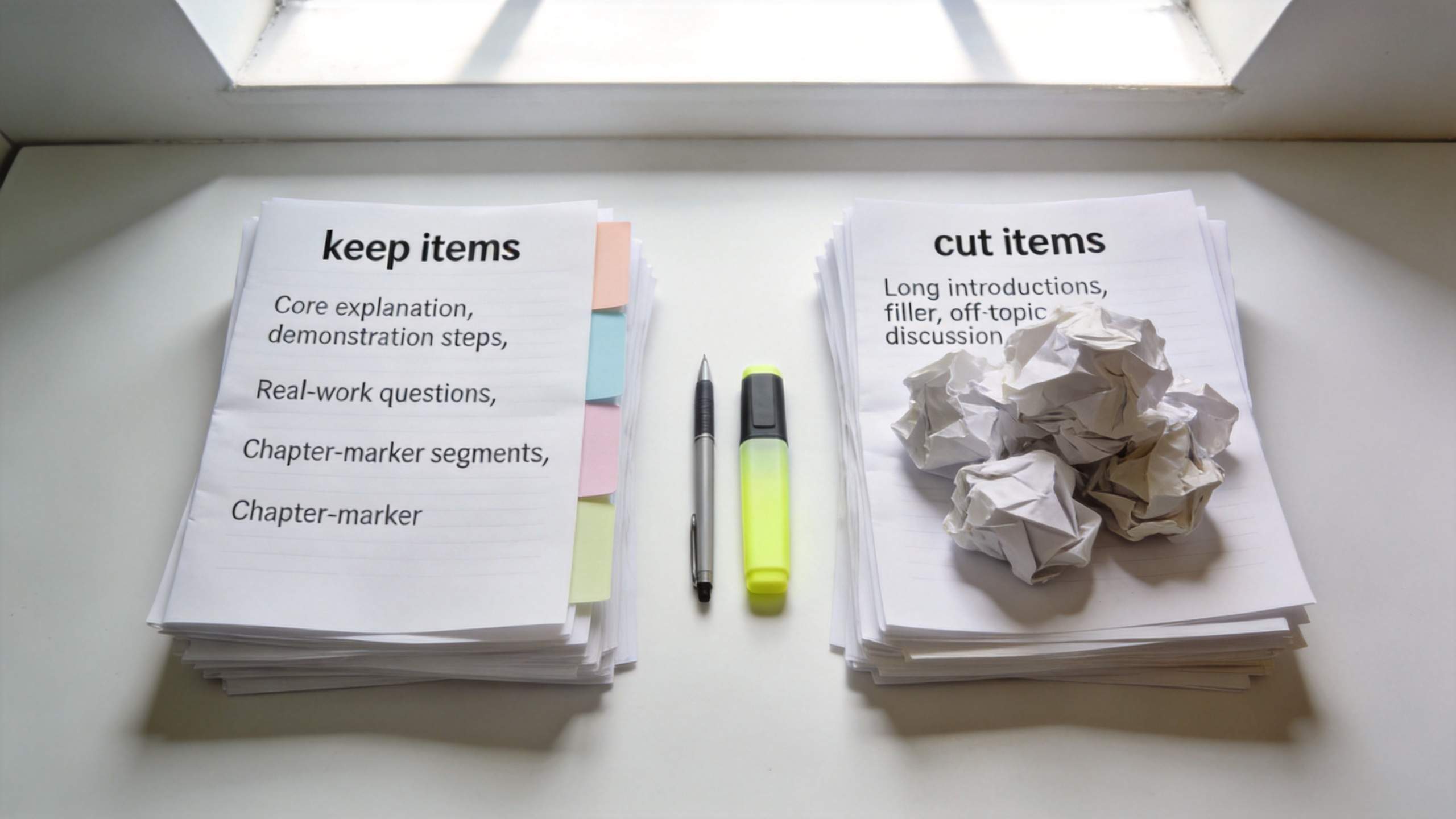 Stacks of notes labeled keep items and cut items with pens in the middle