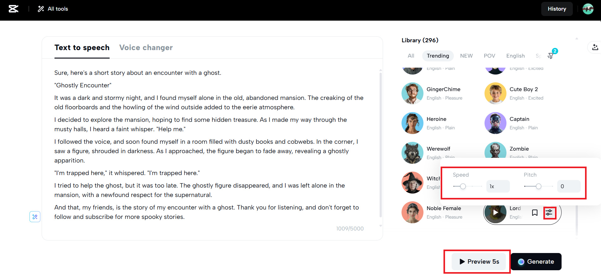 Adjust the speed and pitch and click on the preview
