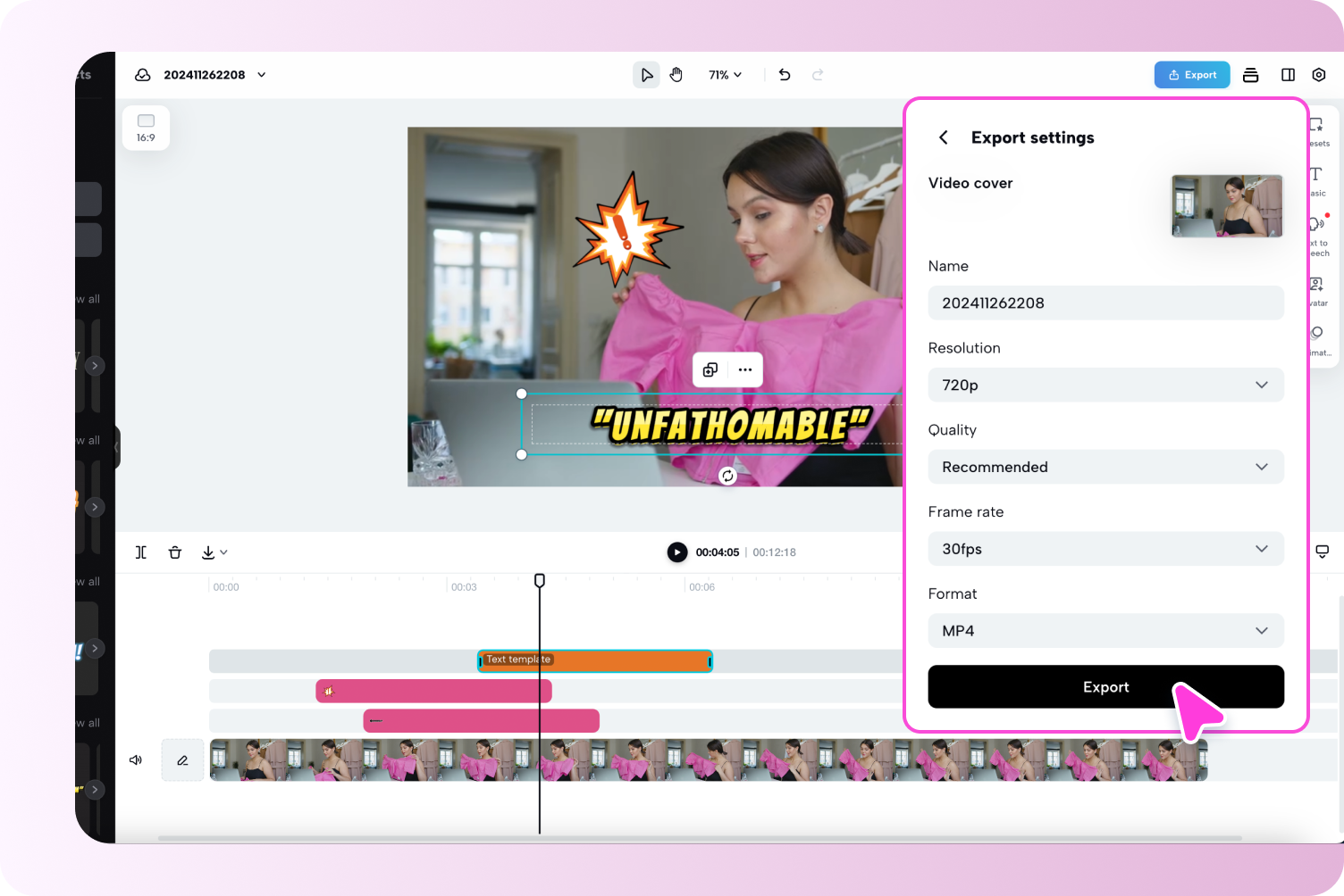 description=Pippit's export window showing clear options for Resolution, Quality, and Format, making compression easy for users.