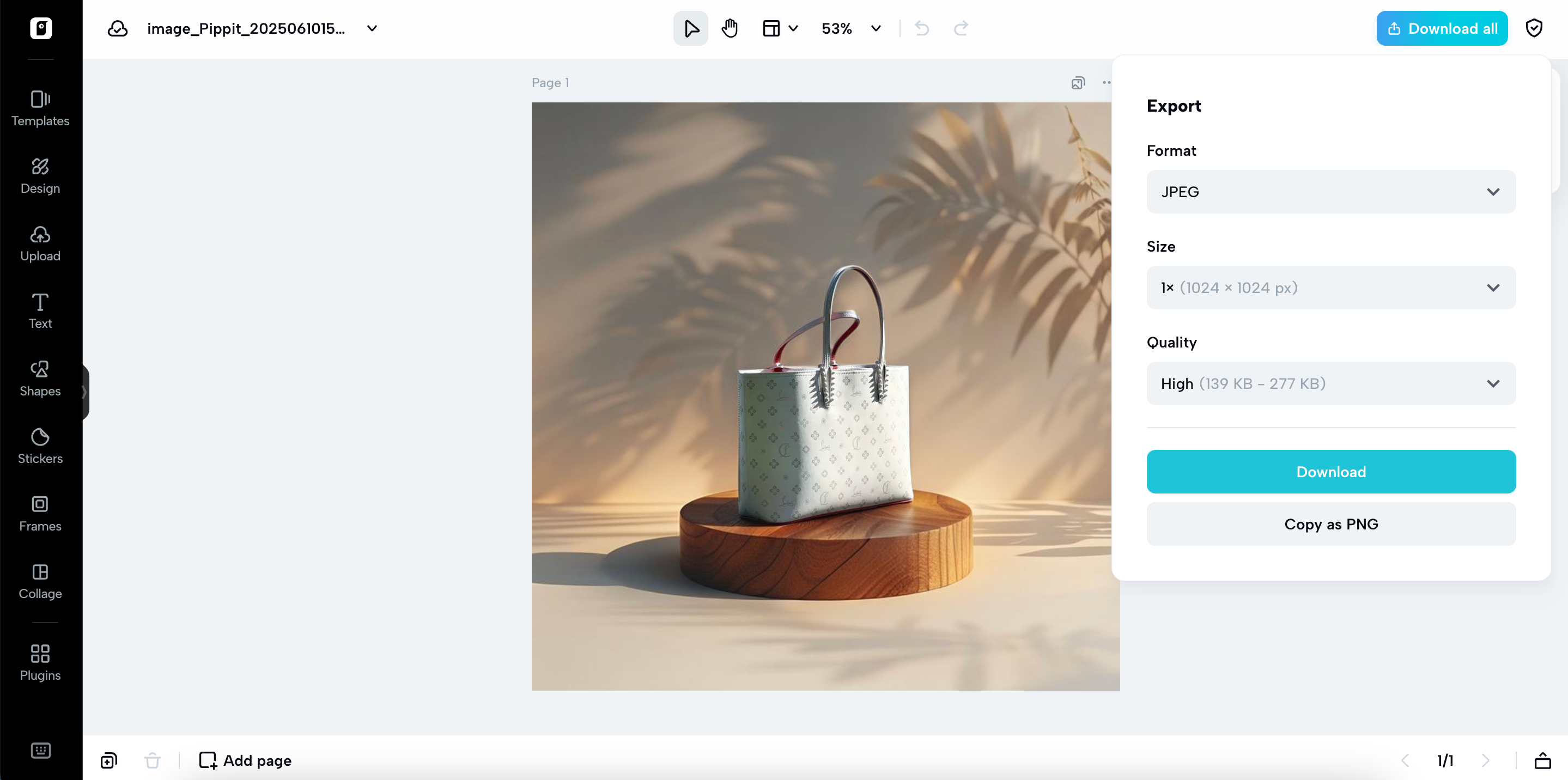 Exporting product image from Pippit