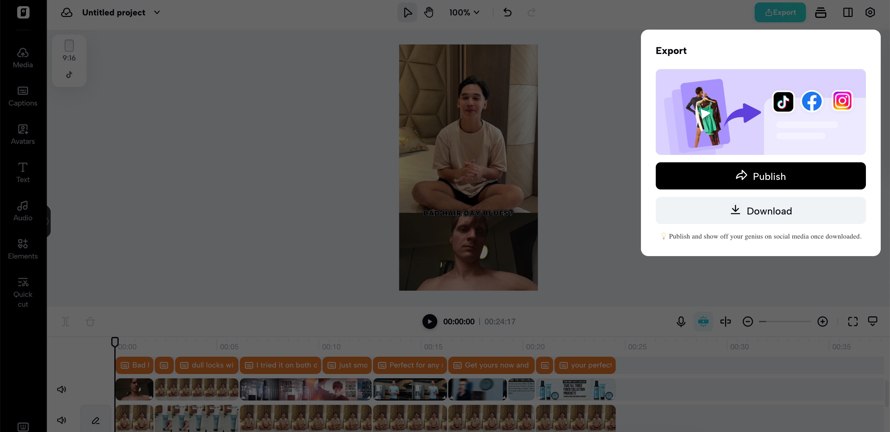 Publique ou baixe o vídeo criado