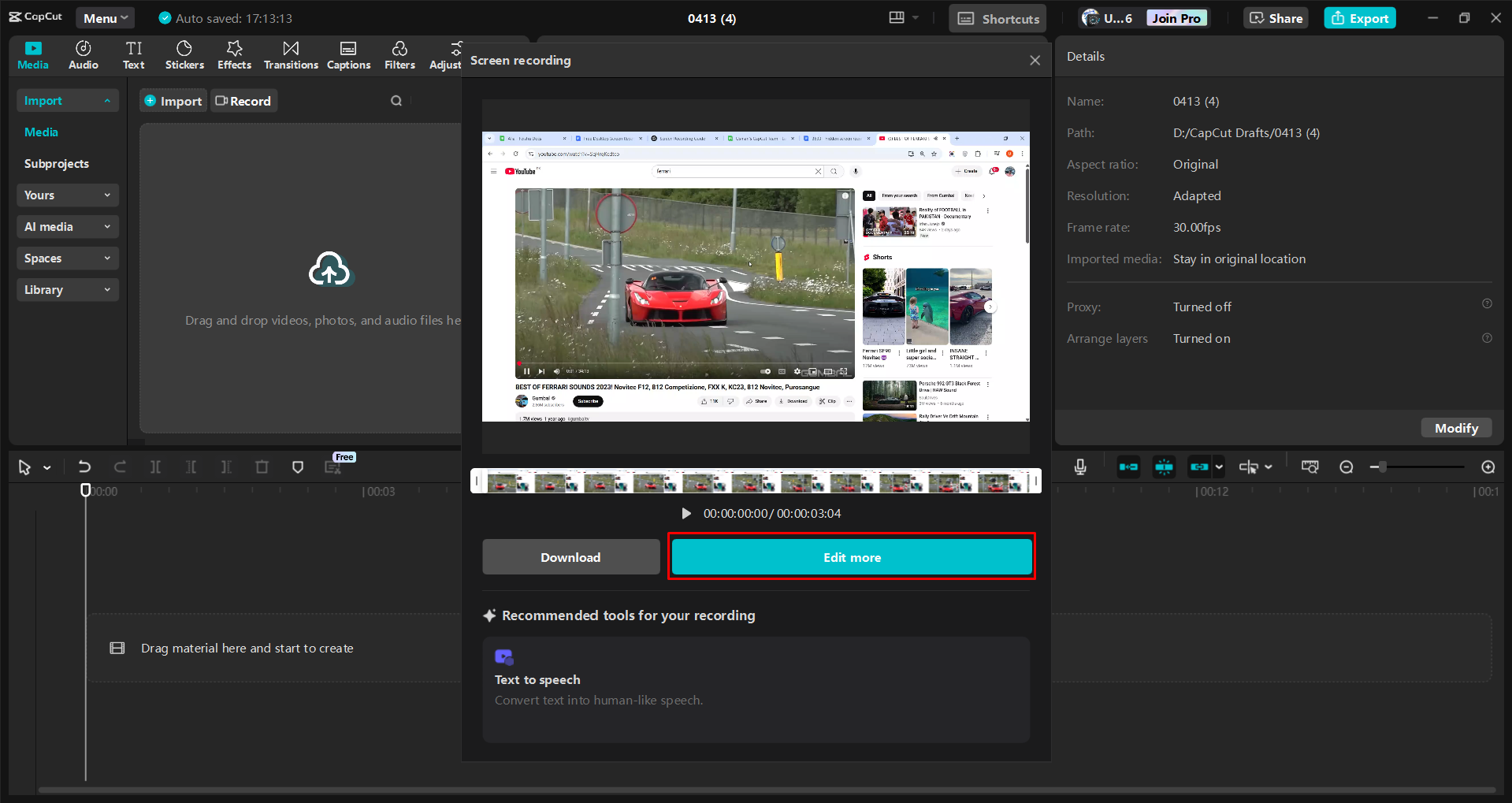 Recording a screen with the CapCut desktop video editor