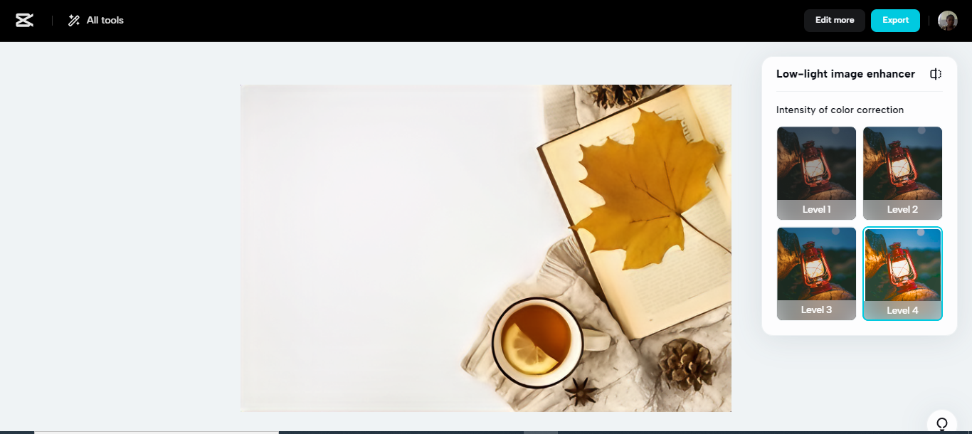 Make picture brighter in CapCut low-light image enhancer