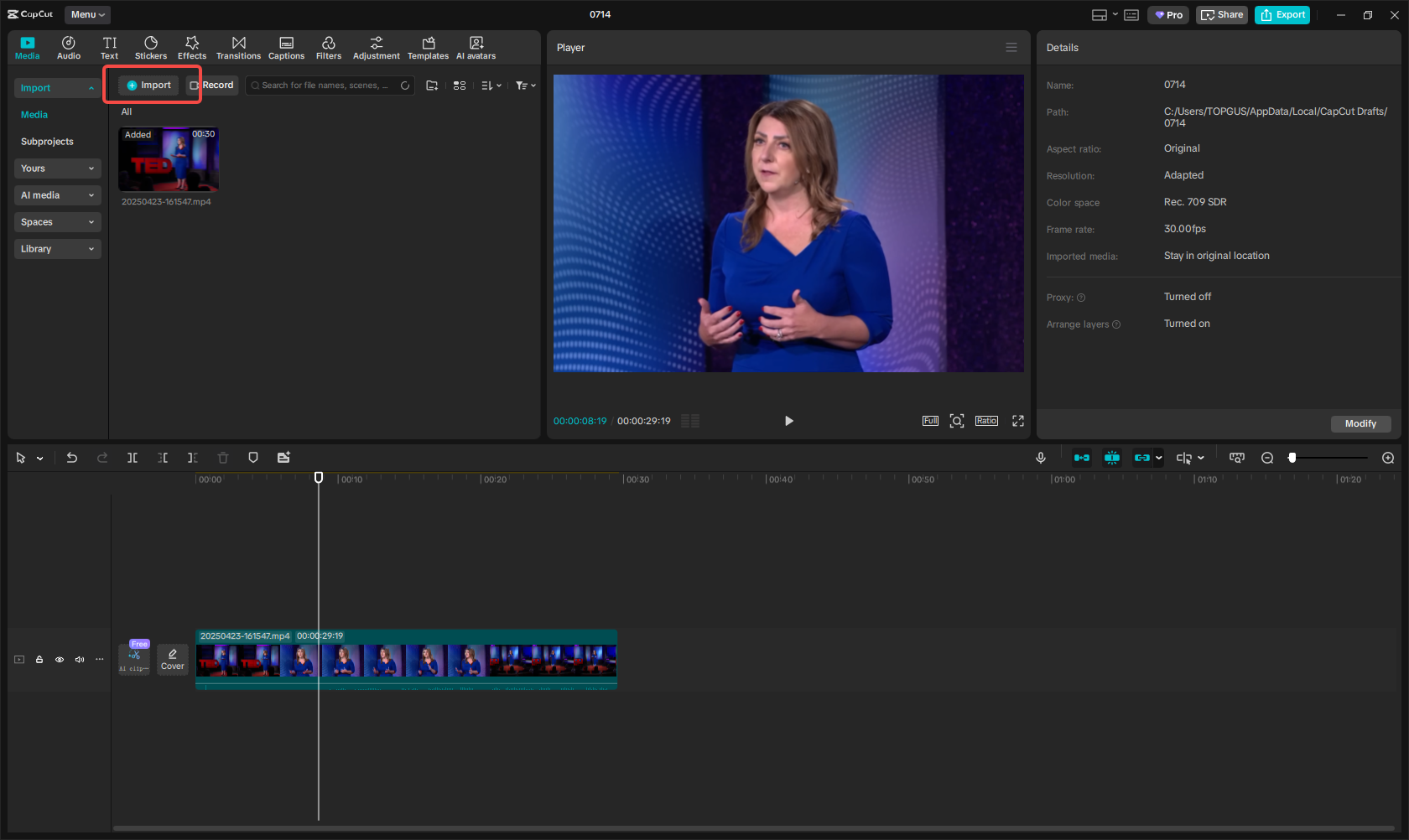 Import the English video into CapCut