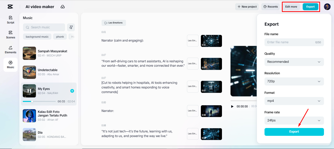 Exporting the final video from CapCut's AI video maker