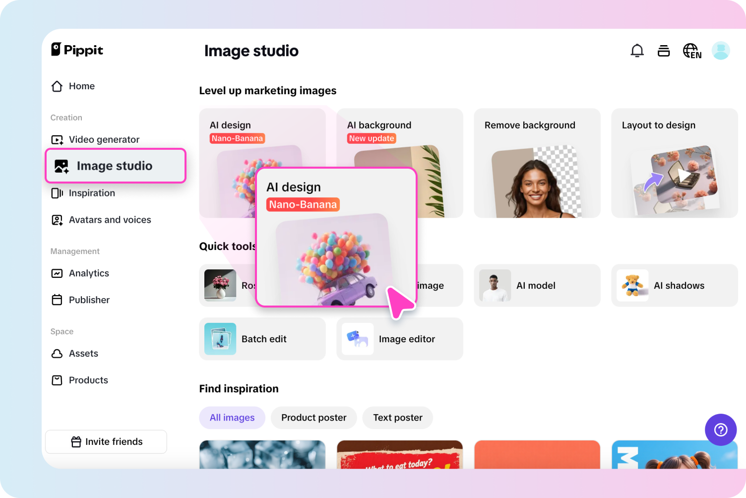 Opening AI design tool in Pippit