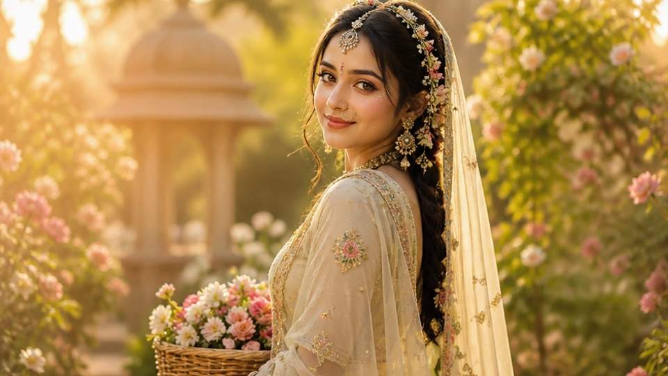Viral Prompt for Radha Rani Look — a graceful traditional look in a pastel temple setting