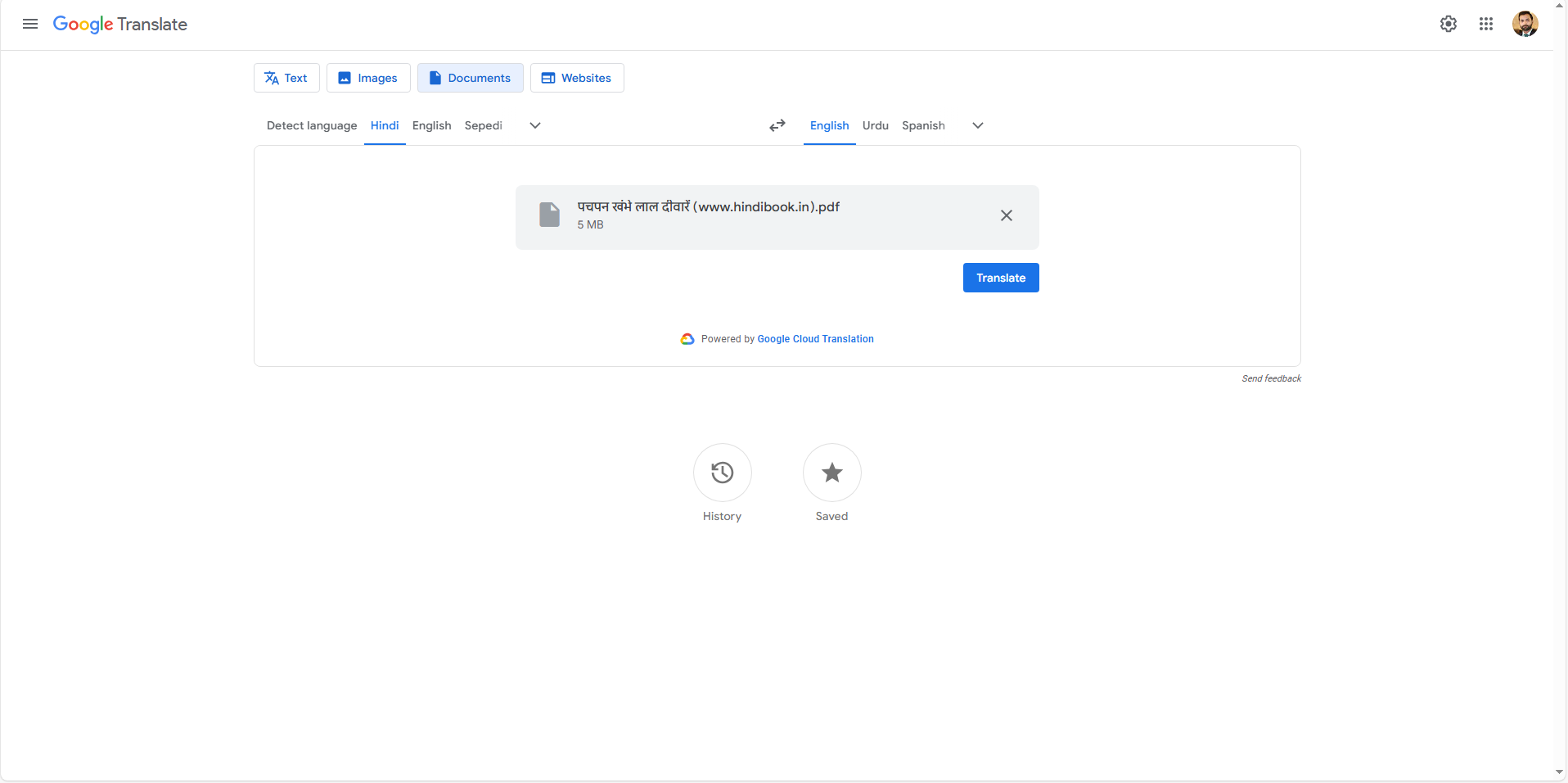 Translate Hindi documents to English using Google Translate