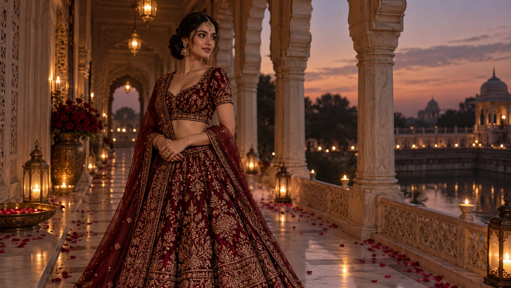 Maroon Lehenga at Dusk example for prompt seen girl dress