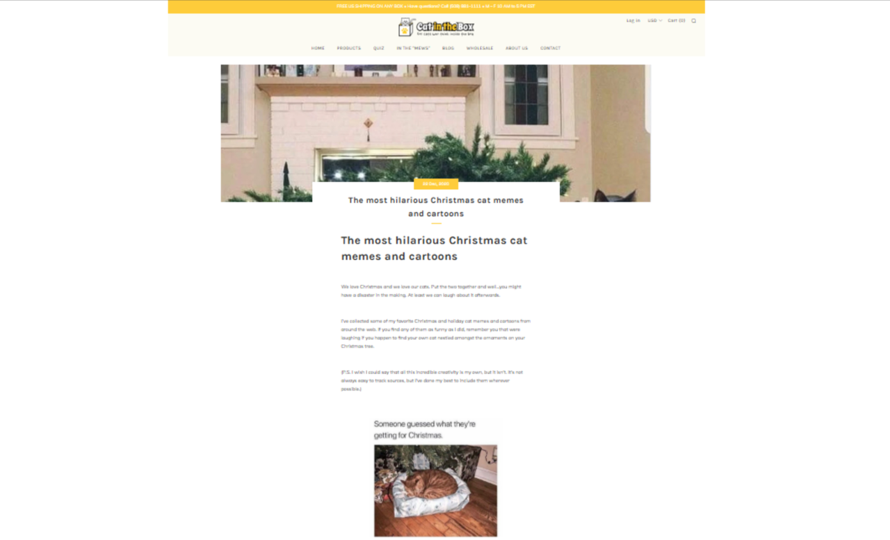 Interface of Cat in Box LLC - a site with funny Christmas cat memes