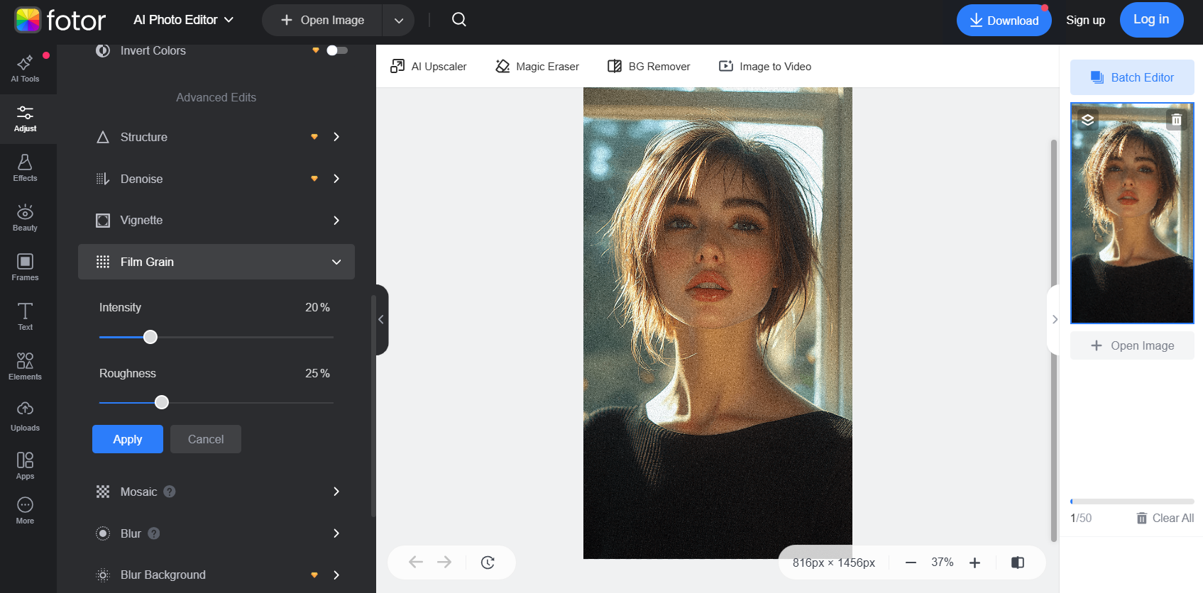 Fotor allows users to add grain to photos online