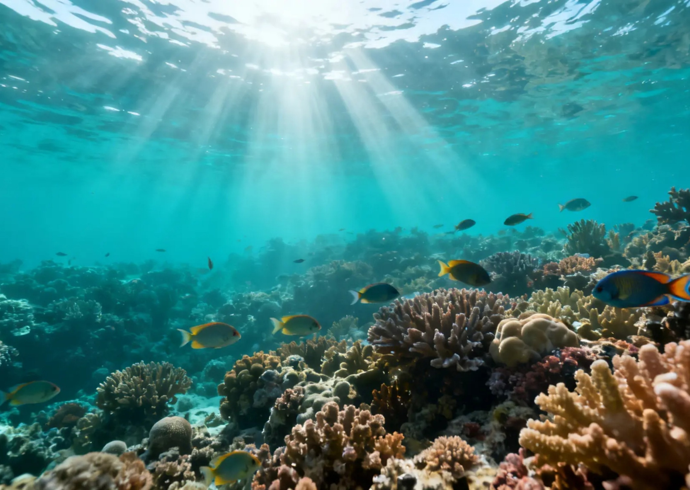 A colorful coral reef under turquoise water