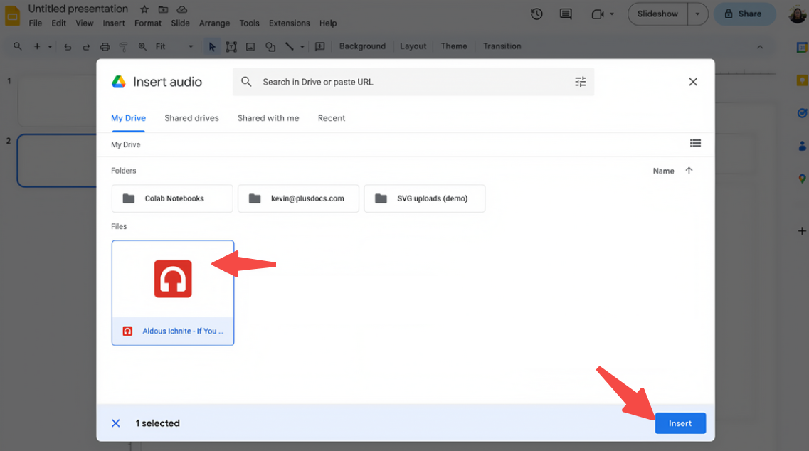 Insert the audio file into Google Slides