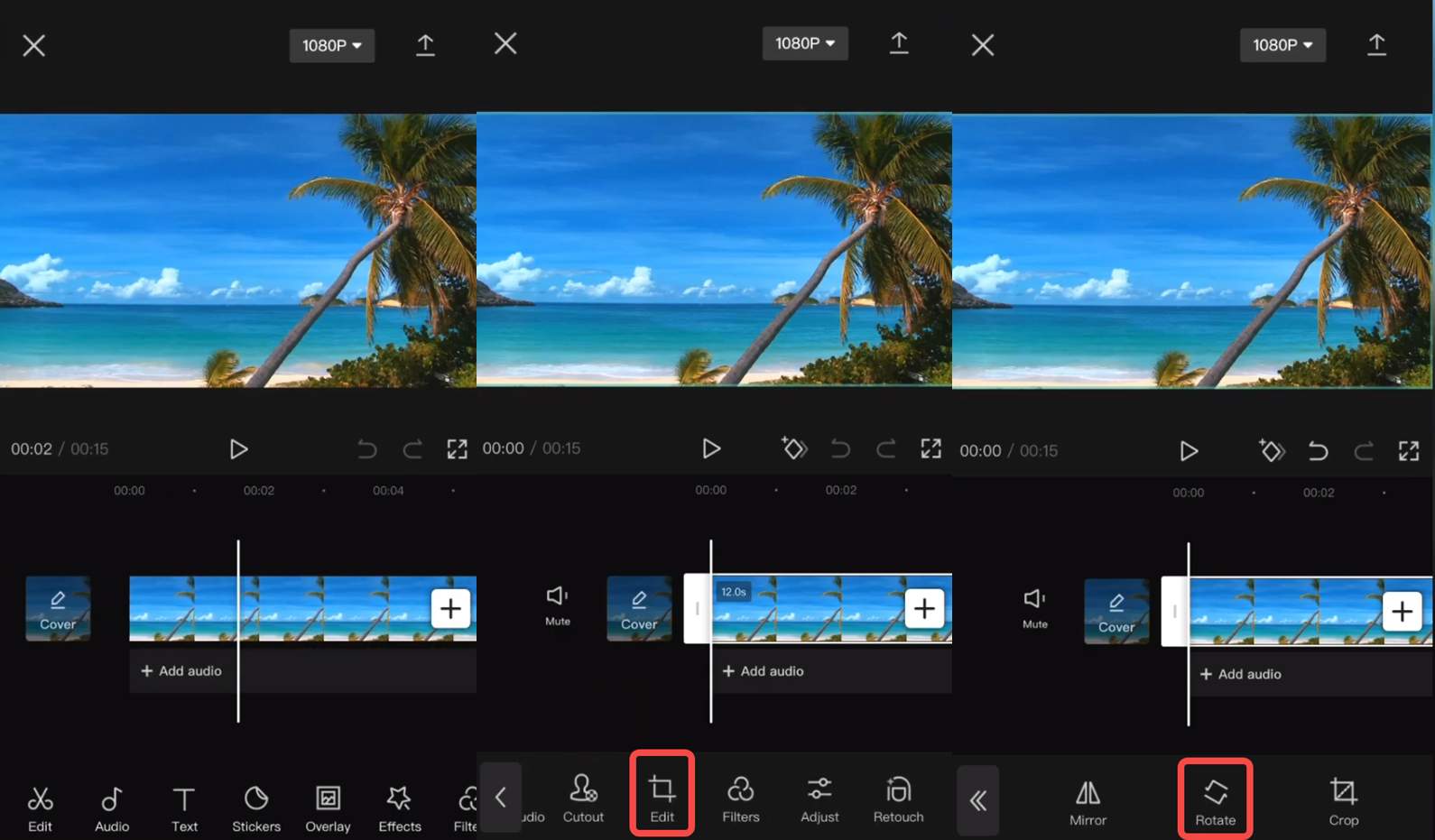 Rotate video on iPhone in CapCut