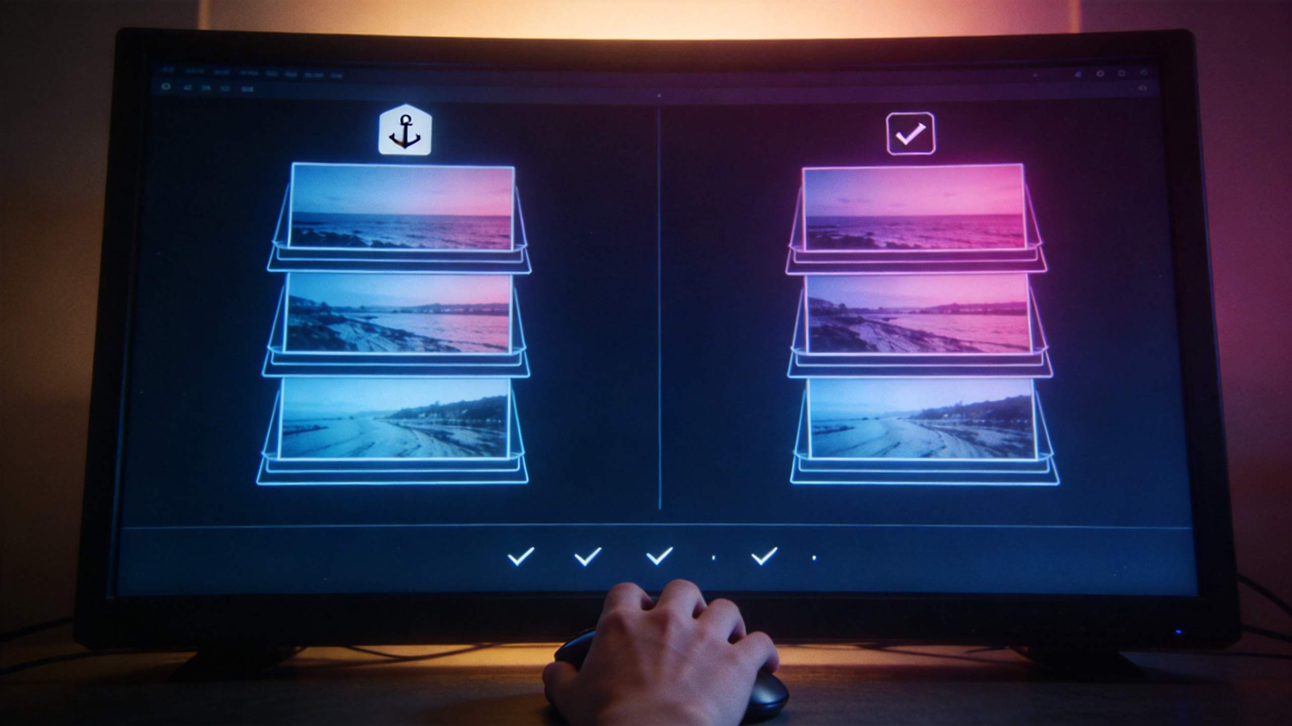 Monitor showing two stacks of beach reference images, with a checkmark above the right stack