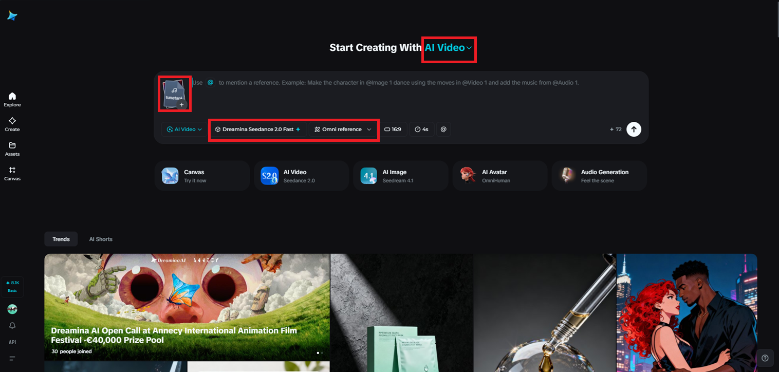 Select Seedance 2.0 and upload references