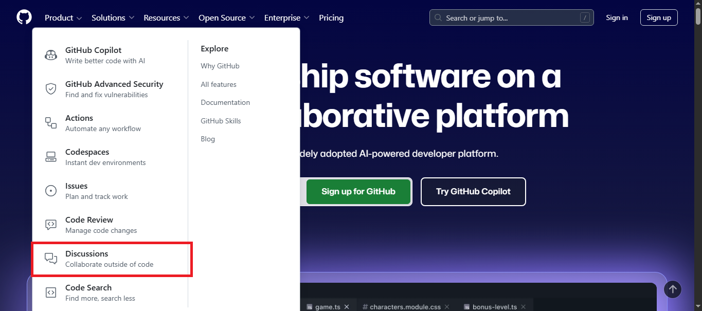 GitHub Discussions on the GitHub home page