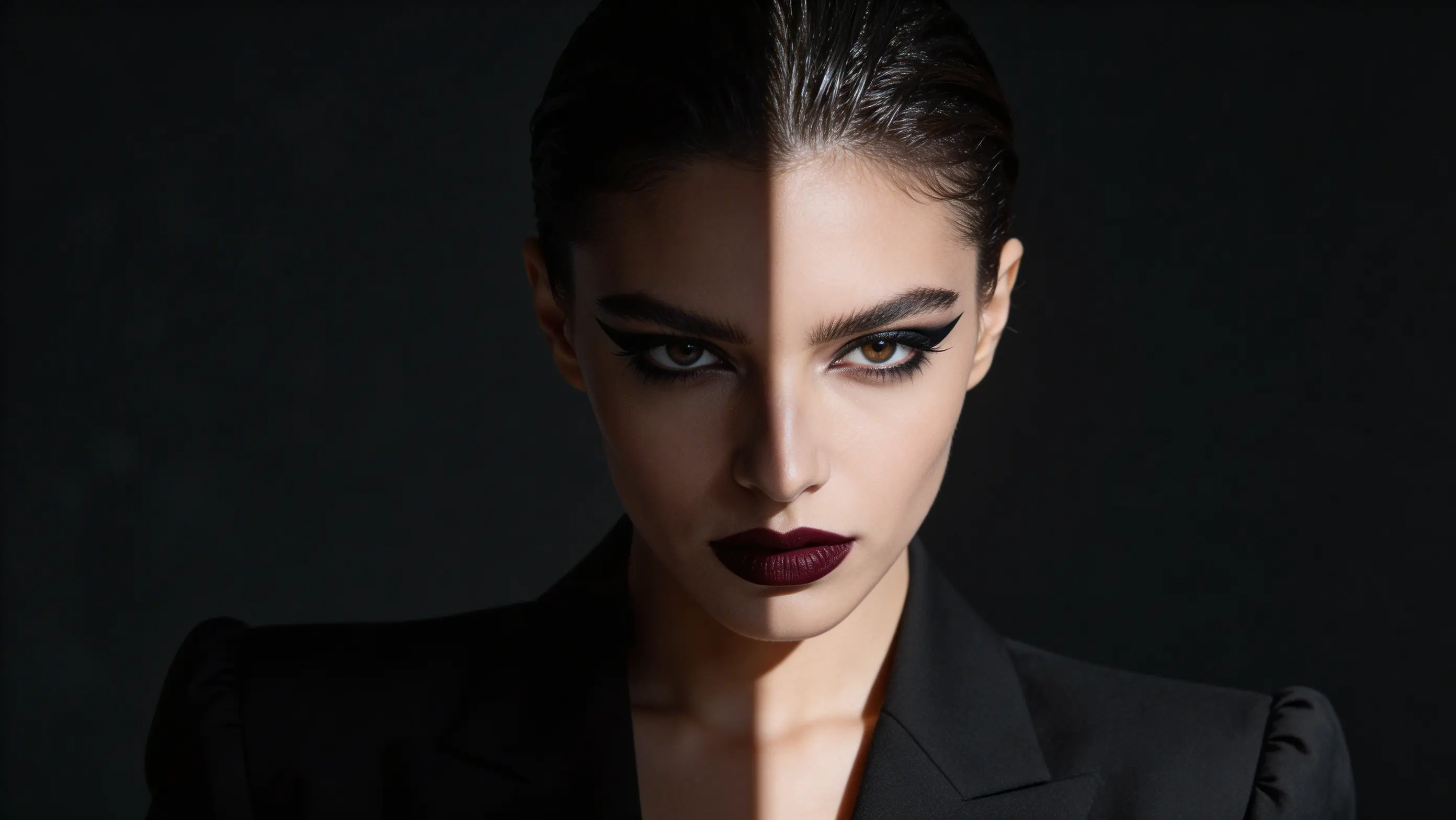 High-fashion split lighting editorial portrait