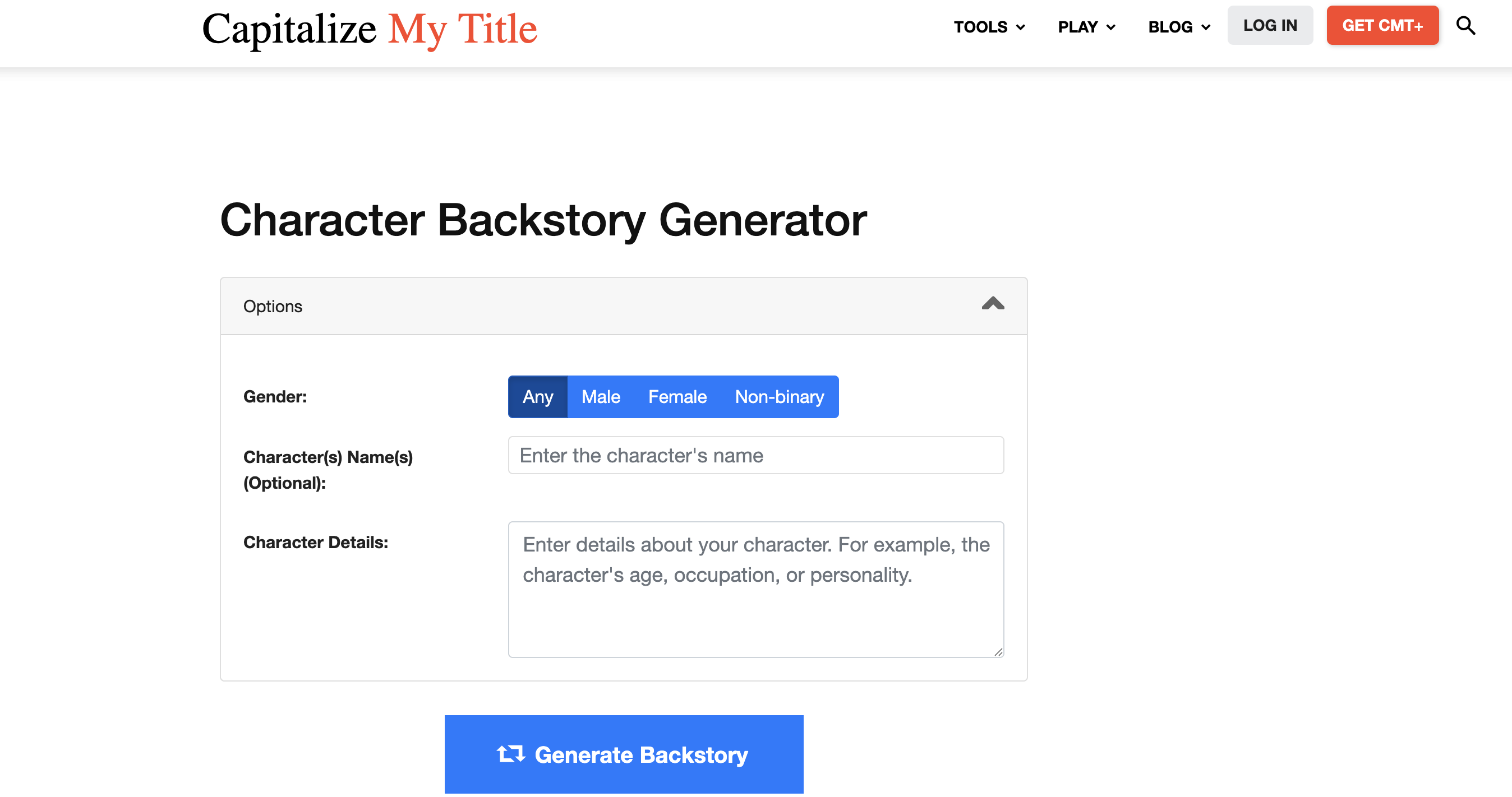 CapitalizeMyTitle AI character background generator