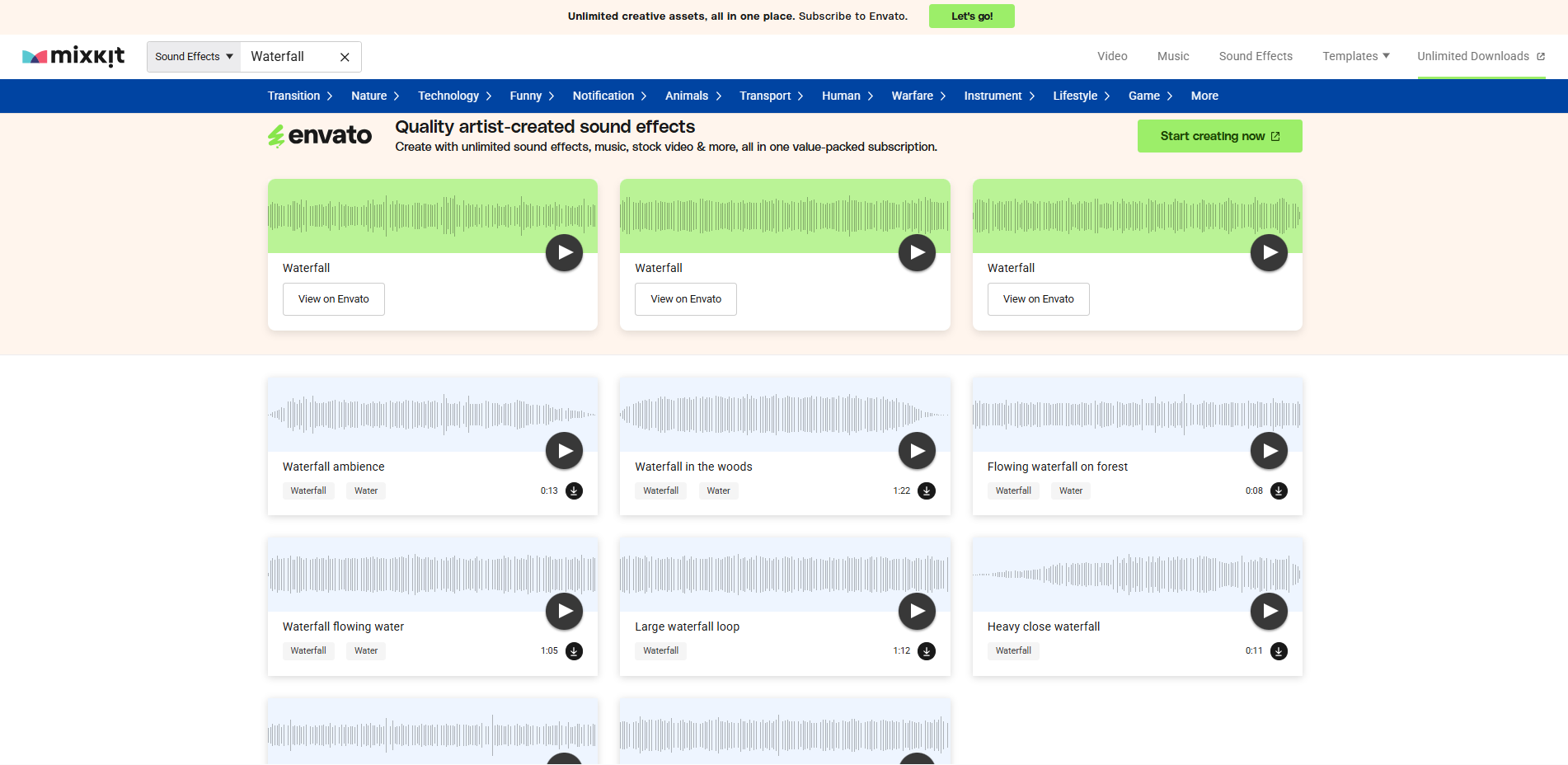 Interface of Mixkit - a well known site to get free waterfall sounds