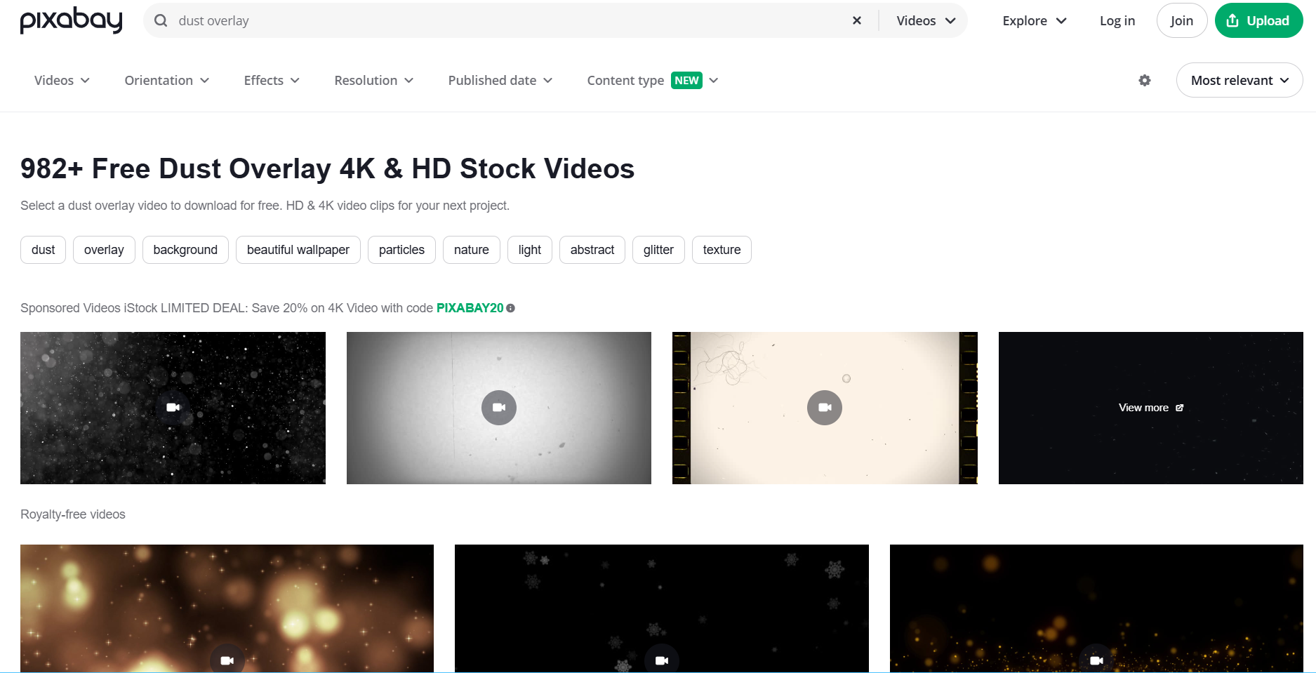 Pixabay ofrece videos gratuitos de superposición de polvo de película de alta calidad