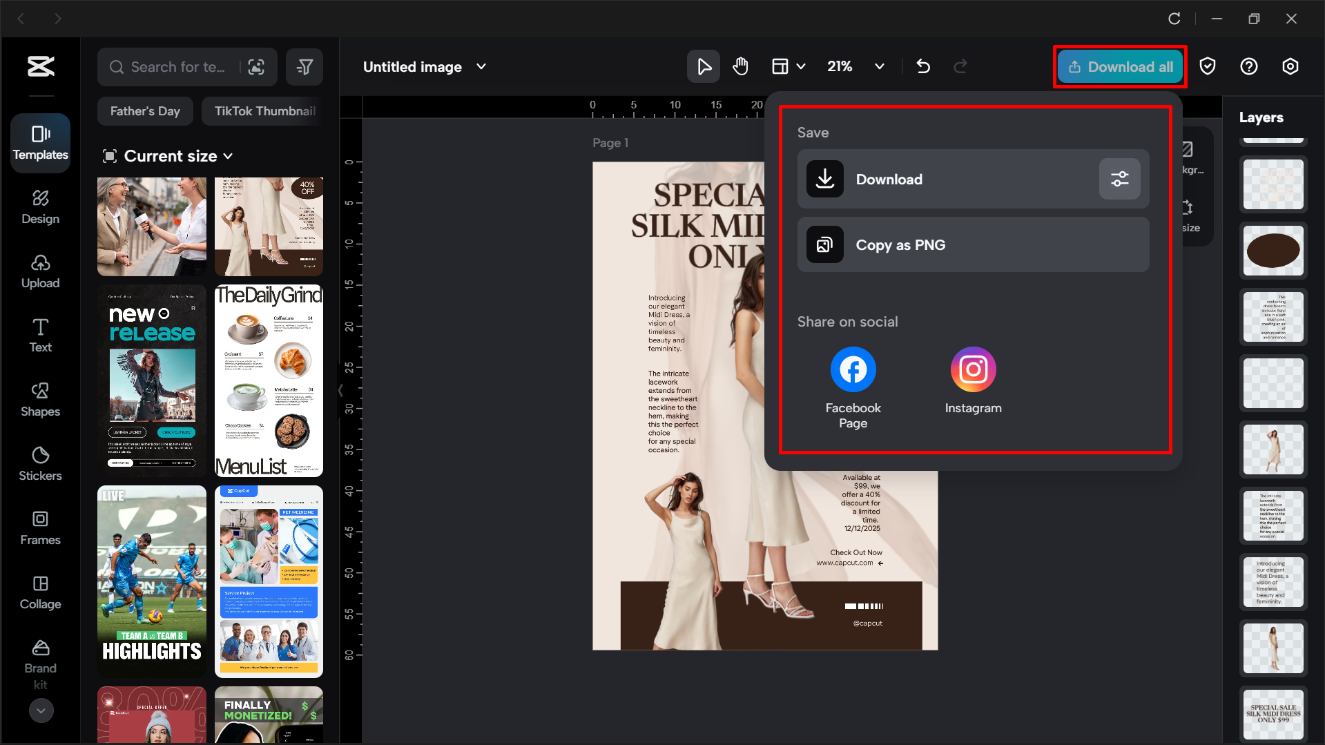 Exporting the poster template from the CapCut desktop video editor