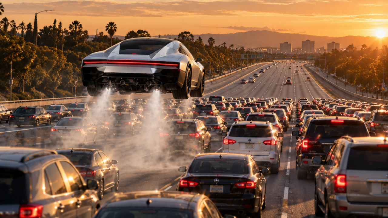 Un Roadster angular blanco plateado aerotransportado sobre una cola de carretera estacionaria de varios carriles en hora dorada, visto desde un amplio ángulo trasero al borde de la carretera con una zona de aterrizaje vacía por delante
