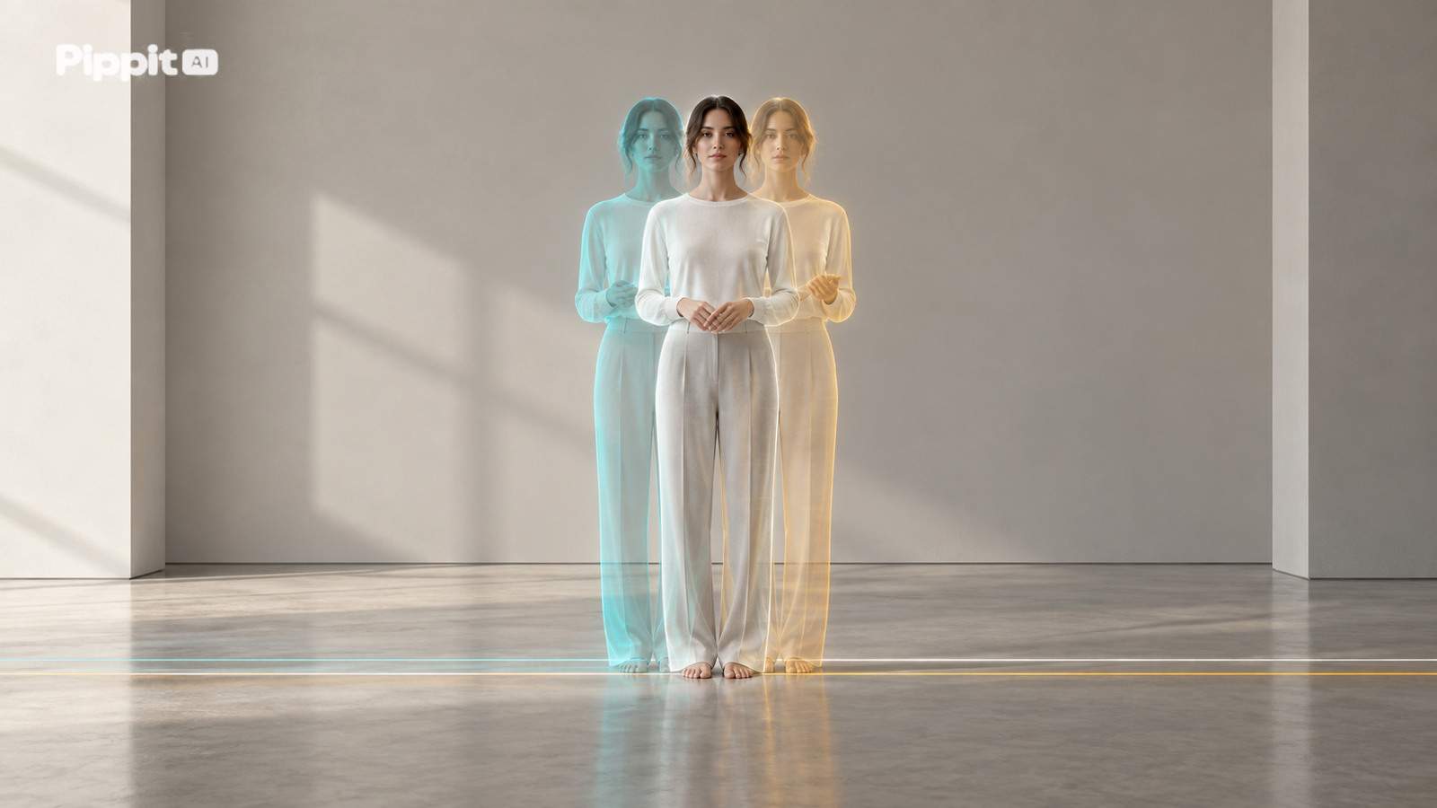 Three aligned translucent time exposures of one adult keep identical body scale against unchanged architectural edges.