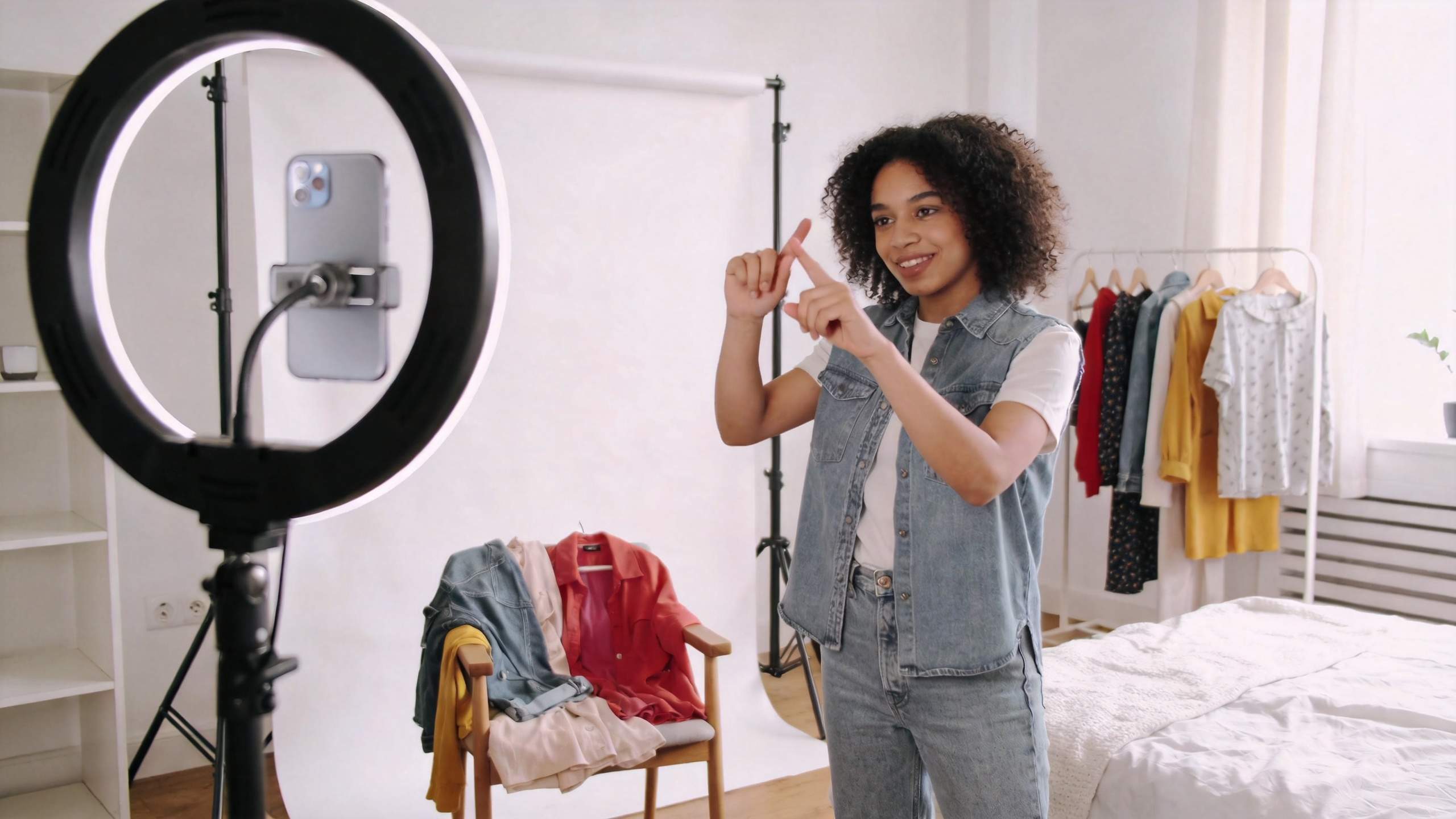 Woman filming a dance video with a ring light and smartphone in a studio