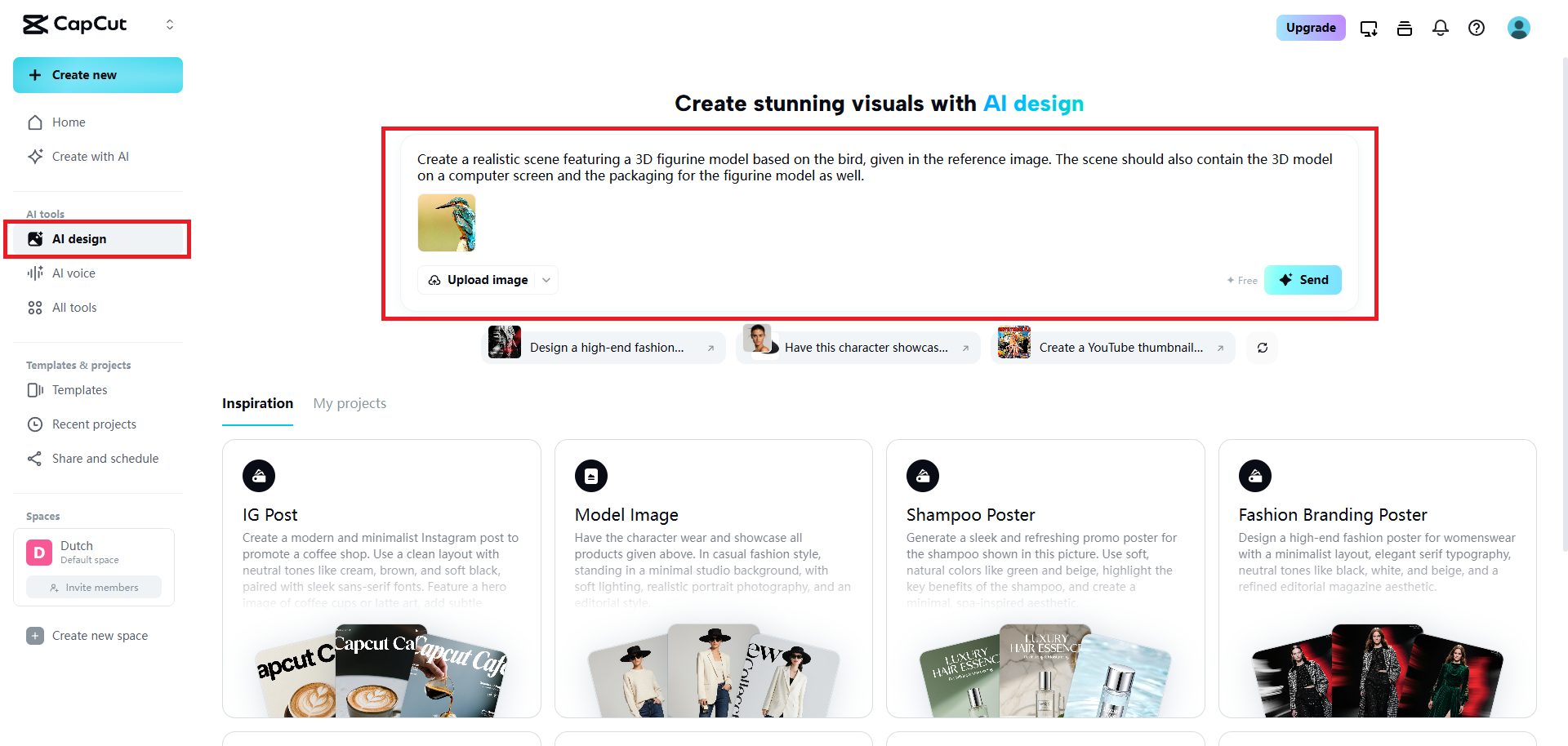 Upload your 2D image for the figurine and enter your prompt