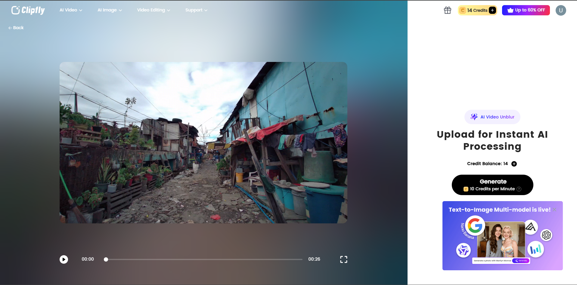 Interface of Clipfly - another free AI video upscaler