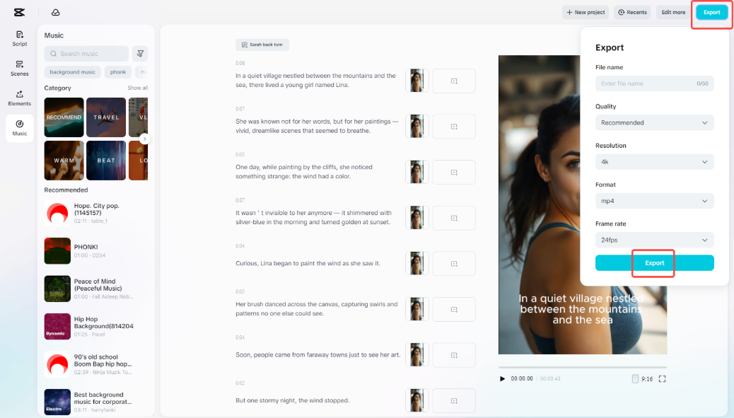 Exporting the video in CapCut