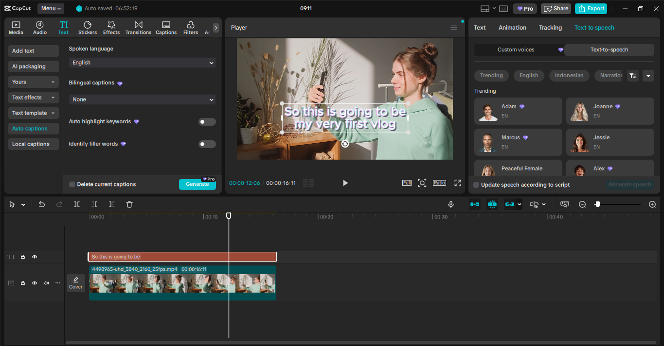 Interface do editor de vídeo para desktop CapCut