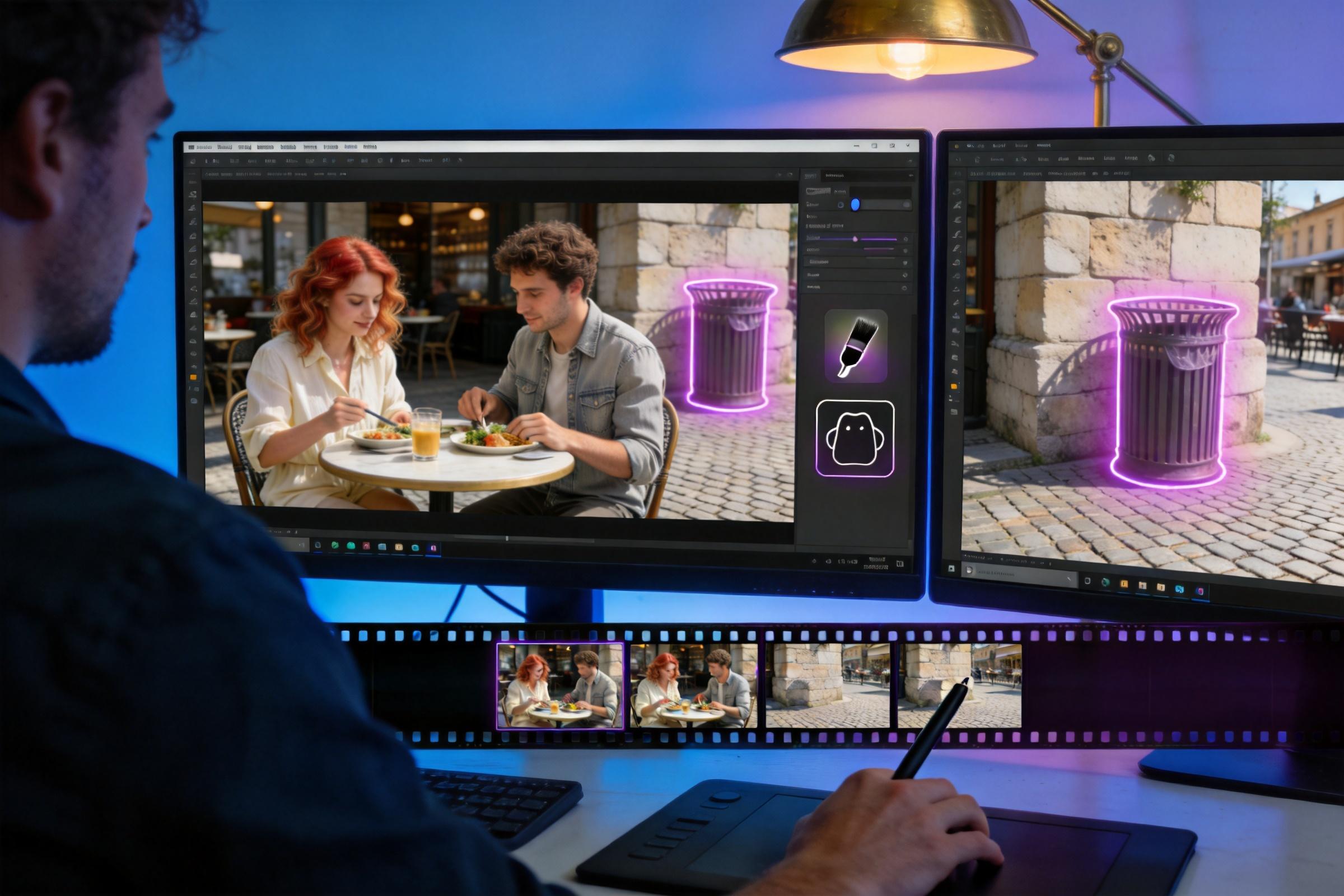 Editor removing a trash can from a video using AI on dual monitors