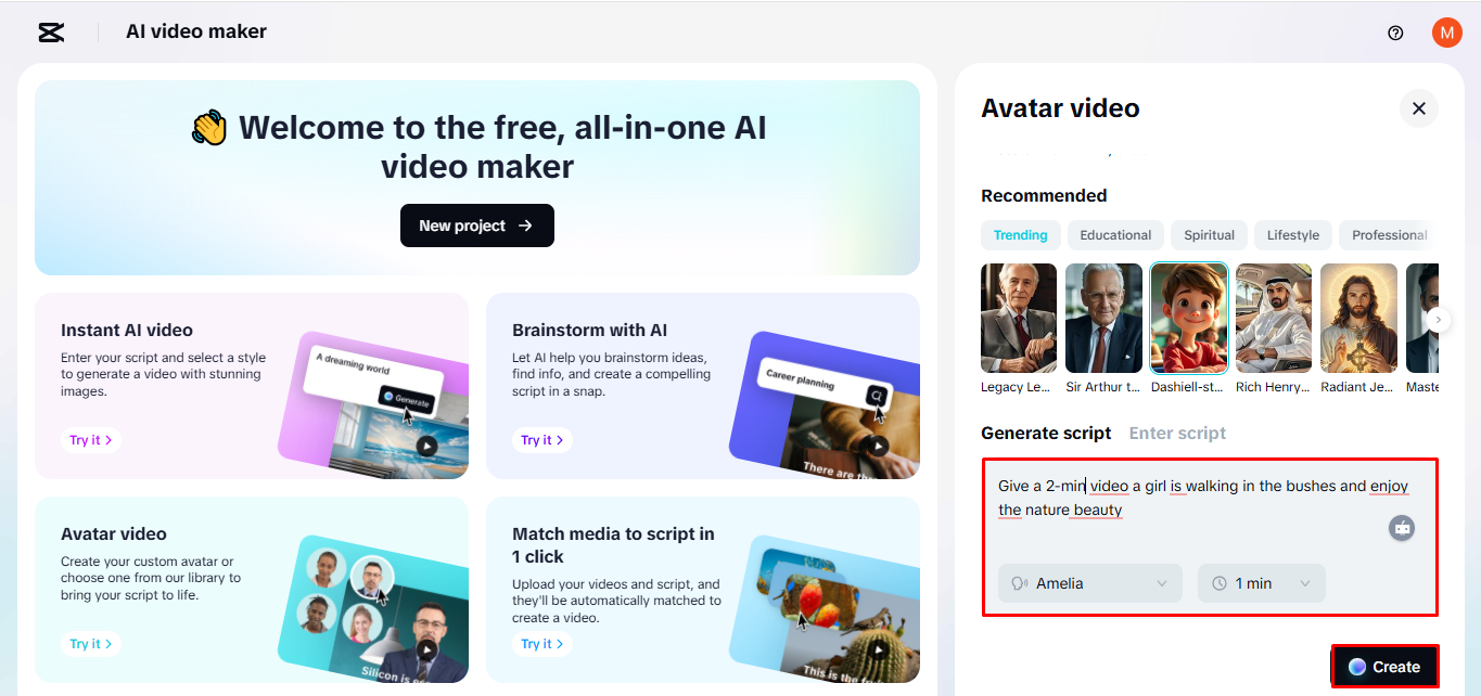 Selecting an avatar and entering a script to CapCut Web