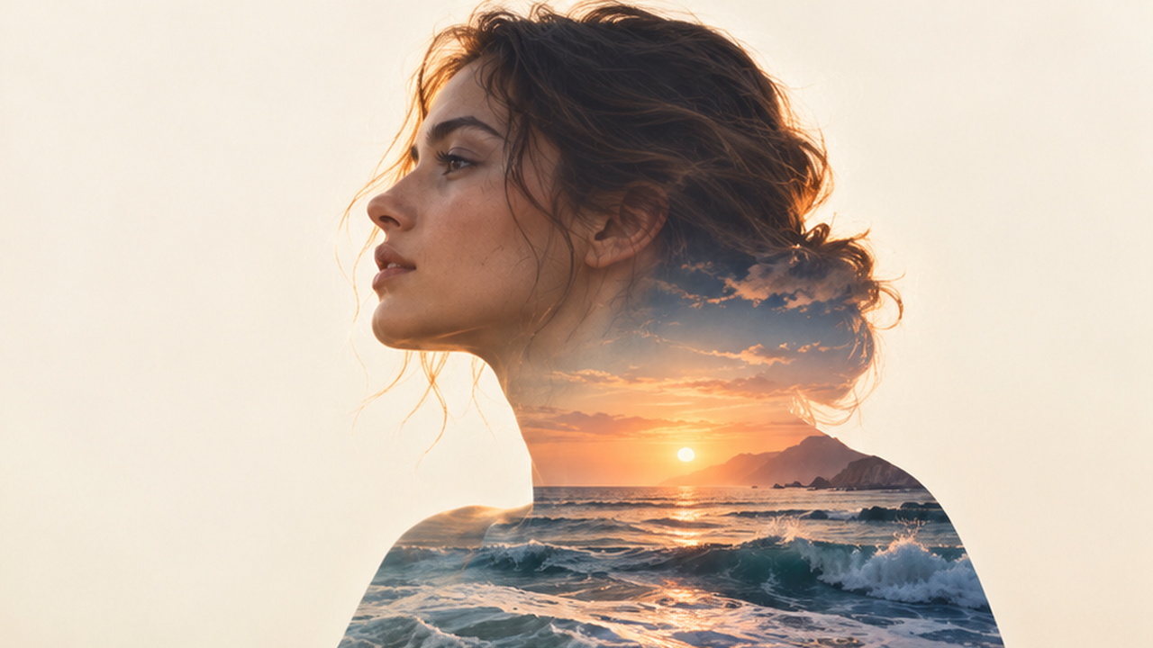 Illustrative Sunset Double Exposure Portrait example: an apricot ocean profile