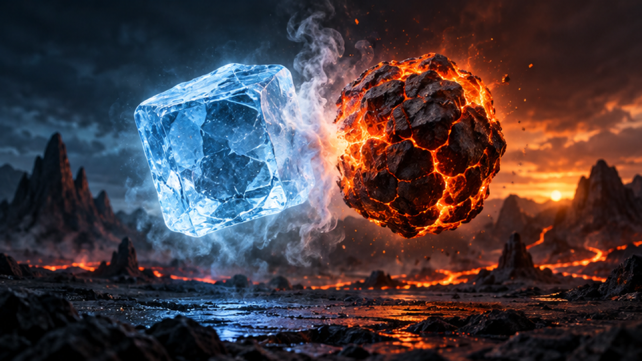 16: 9 paisaje de fantasía cinematográfica, un cubo de hielo azul translúcido y una roca fundida agrietada naranja flotando uno al lado del otro, diminuto límite de contacto con vapor blanco, suelo volcánico oscuro y horizonte tranquilo, iluminación azul naranja equilibrada, formas separadas claras, sin palabras ni logotipos.