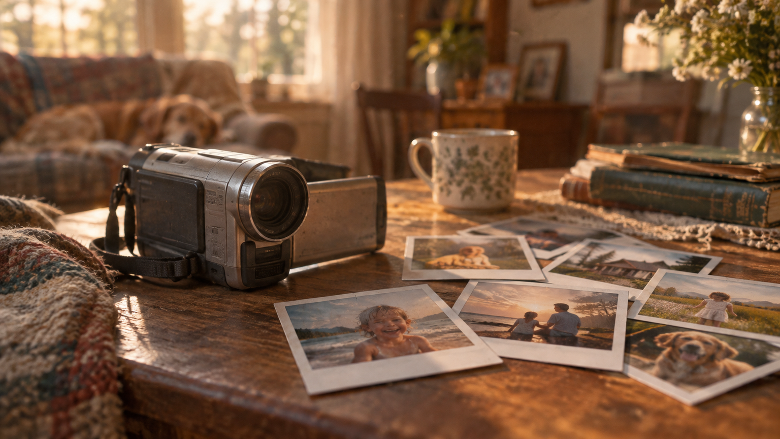 memory-video imagery using camcorder texture, childhood spaces, and meaningful objects instead of a generic transition preset