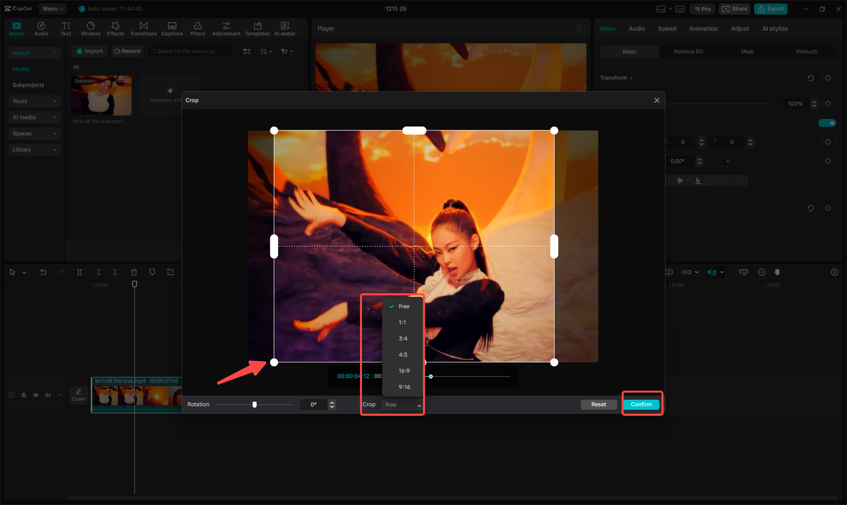 Adjust the crop frame and aspect ratio
