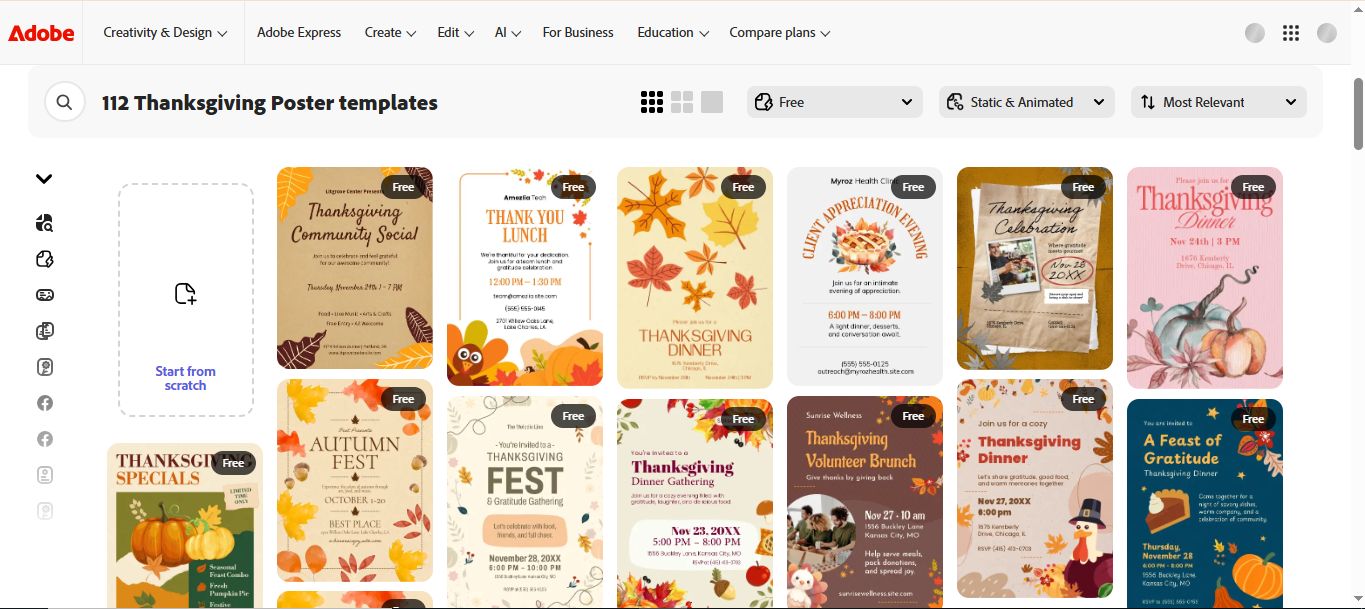 Interface of Adobe - an effective website to get Thanksgiving flyer templates