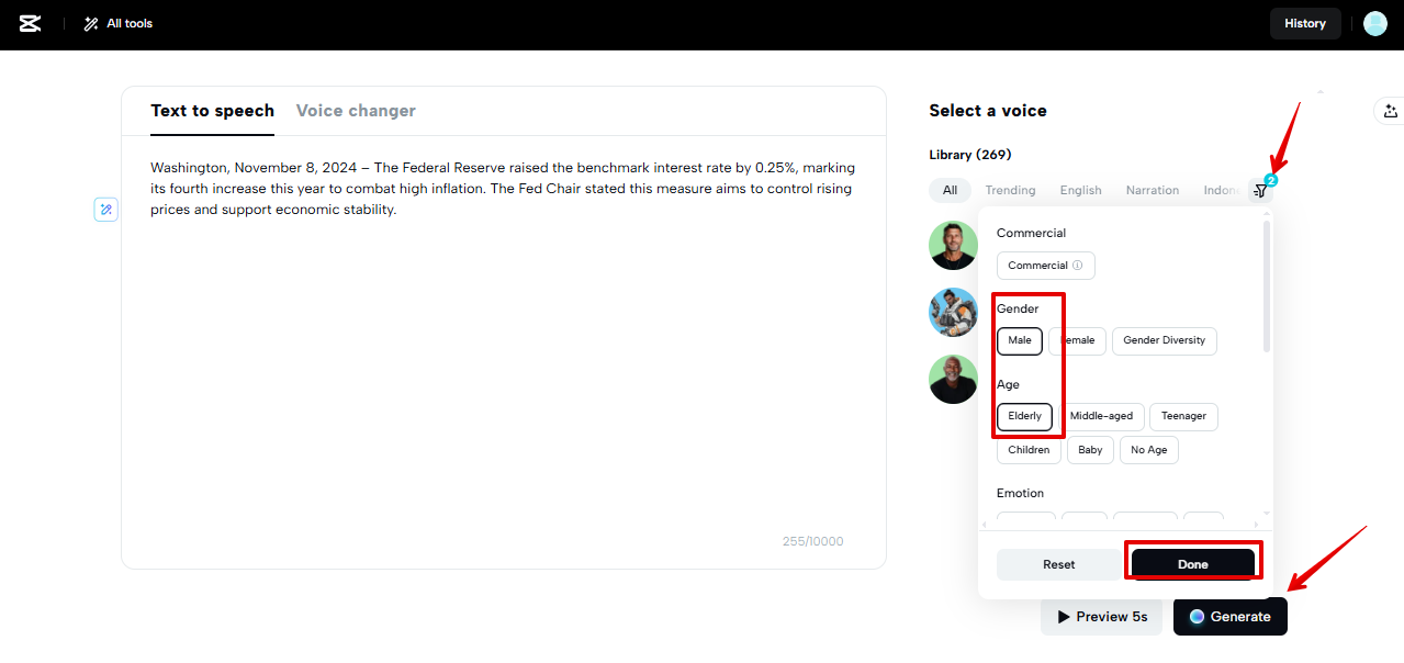 Создание текста в речь с голосом пожилого человека с помощью волшебного инструмента CapCut Web