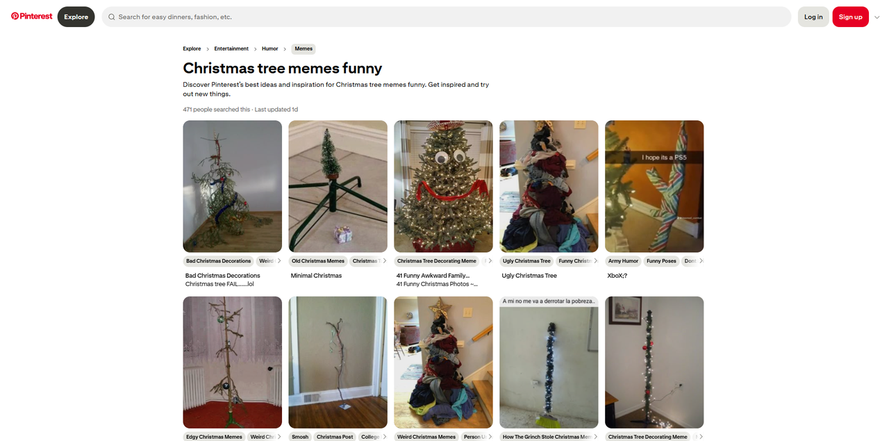 Interface of Pinterest - a place with versatile Christmas tree memes 
