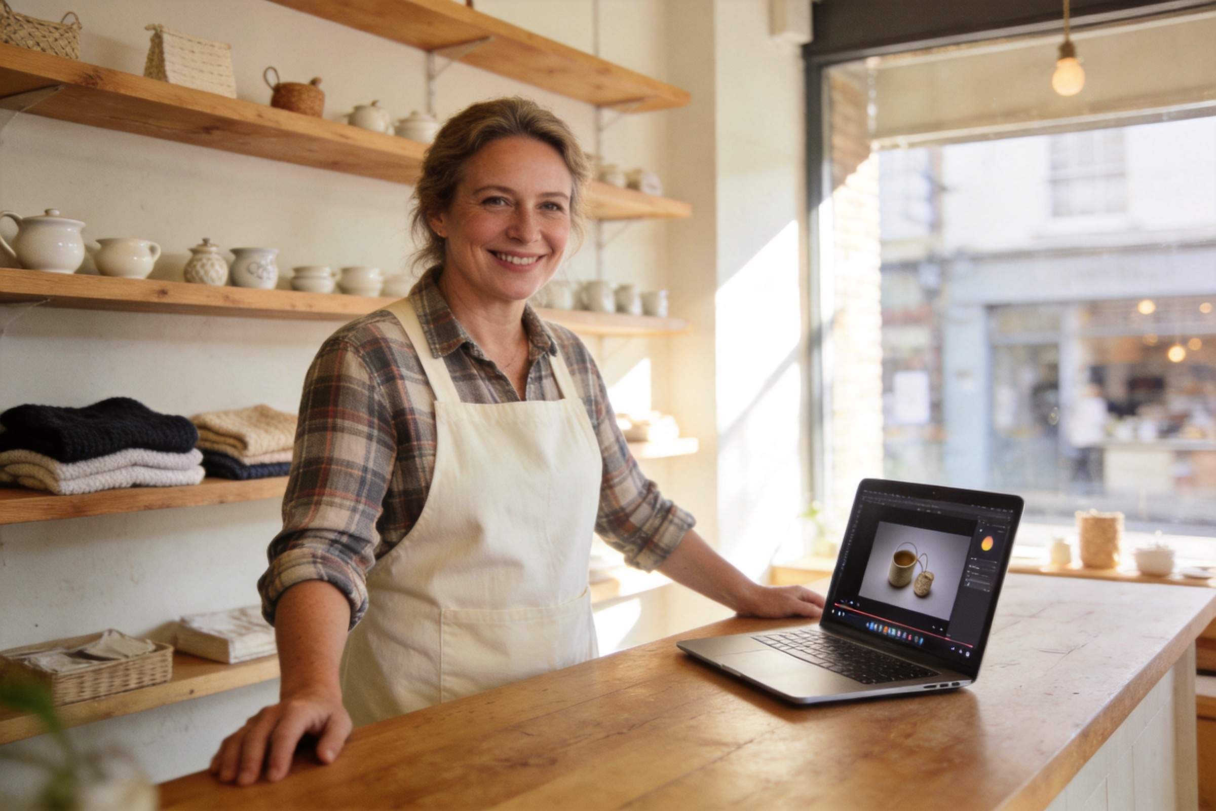 Smiling shop owner in apron beside laptop editing product photos in a cozy store